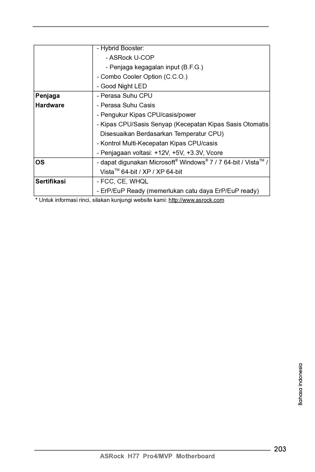 ASRock H77 Pro4/MVP manual 203, Penjaga, Sertifikasi 