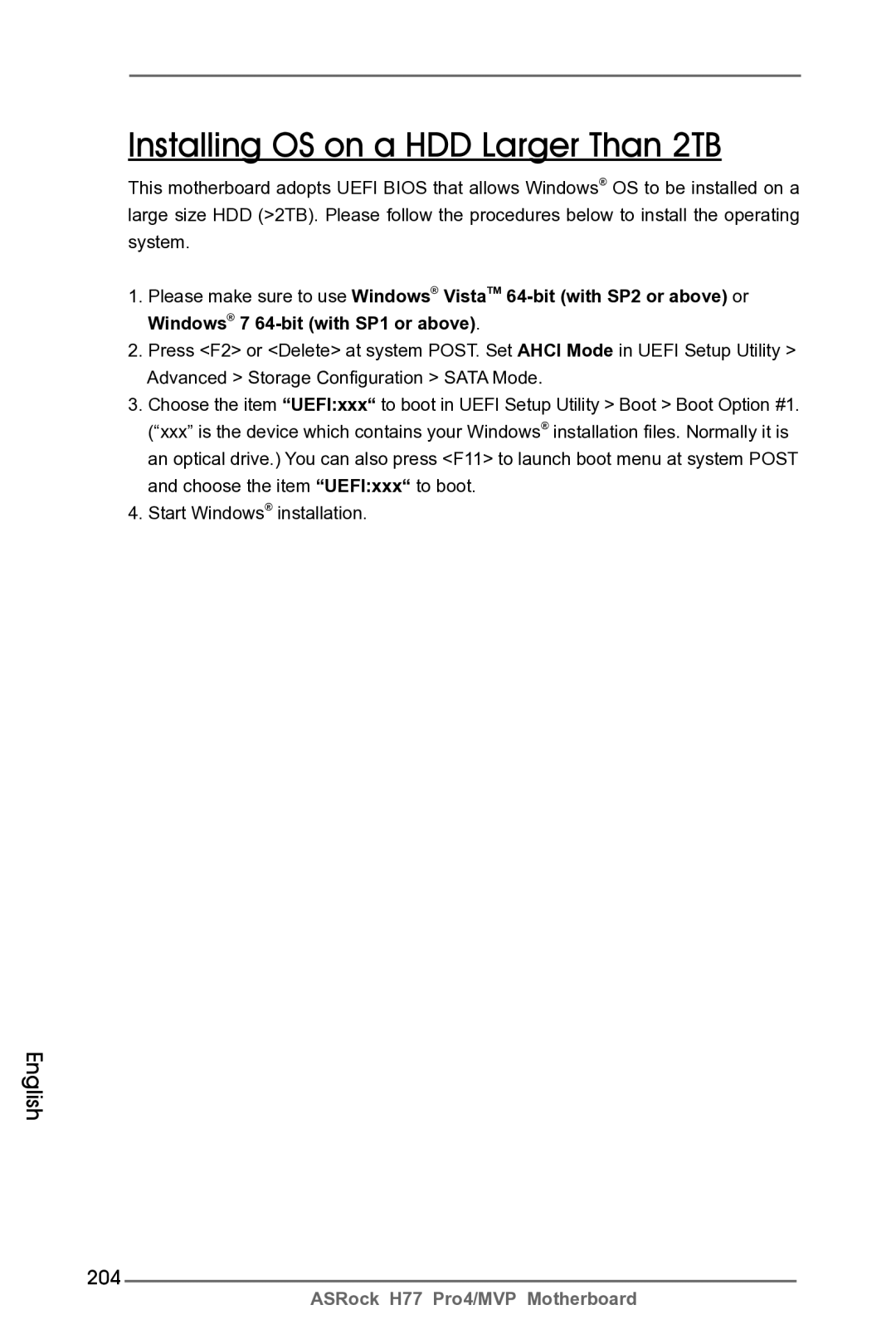 ASRock H77 Pro4/MVP manual Installing OS on a HDD Larger Than 2TB, 204 