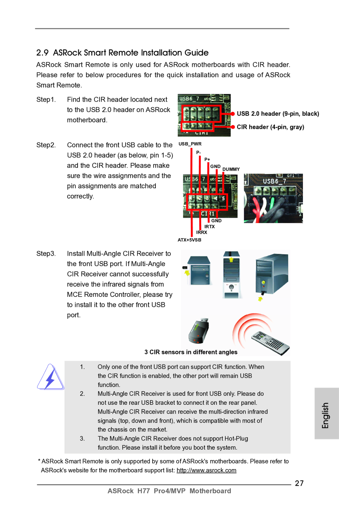 ASRock H77 Pro4/MVP manual ASRock Smart Remote Installation Guide, USB 2.0 header 9-pin, black CIR header 4-pin, gray 