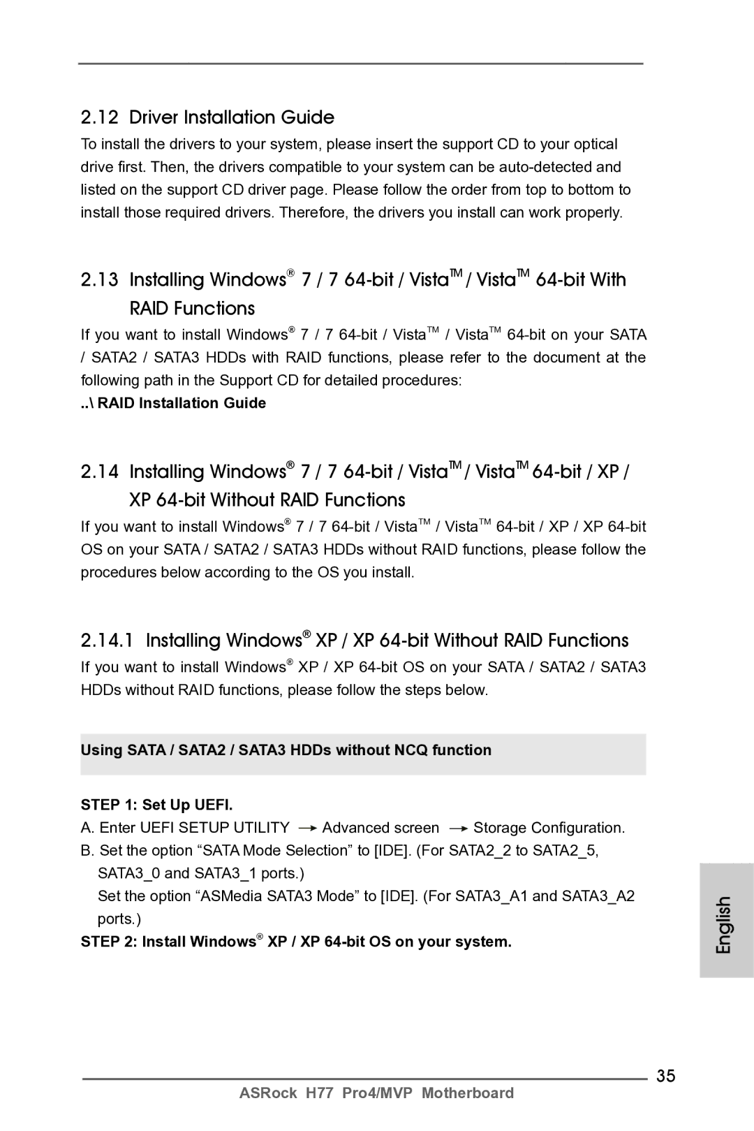 ASRock H77 Pro4/MVP manual Driver Installation Guide, Installing Windows XP / XP 64-bit Without RAID Functions 