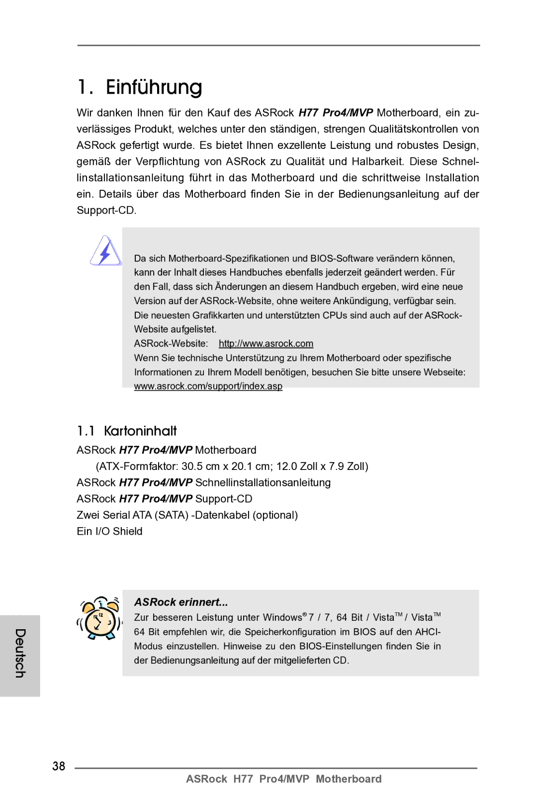 ASRock H77 Pro4/MVP manual Deutsch, Kartoninhalt 