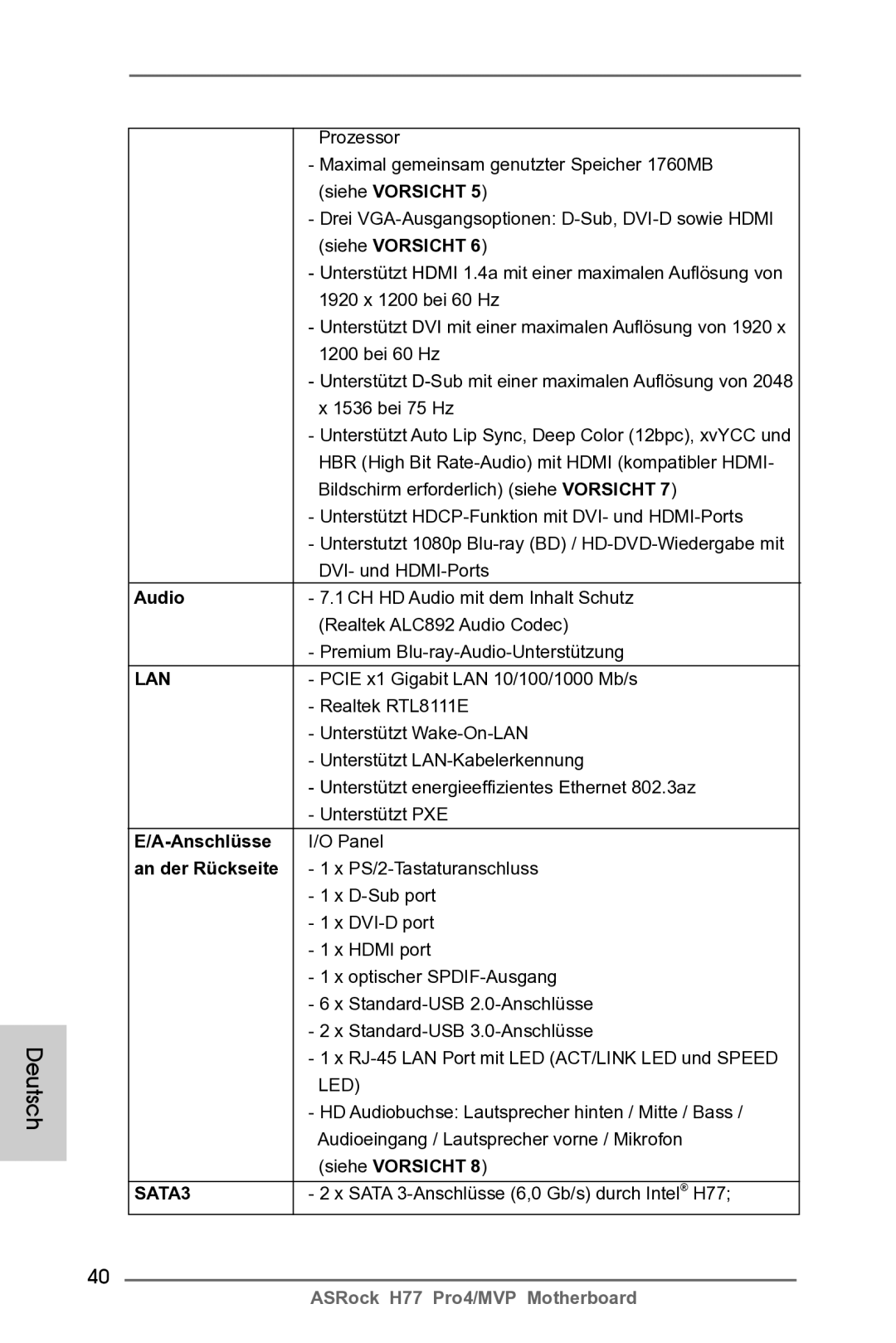 ASRock H77 Pro4/MVP manual Anschlüsse, An der Rückseite 