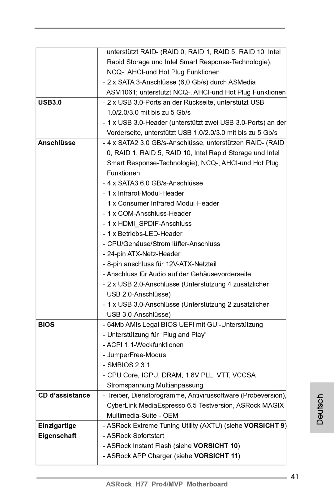 ASRock H77 Pro4/MVP manual CD d’assistance, Einzigartige, Eigenschaft 