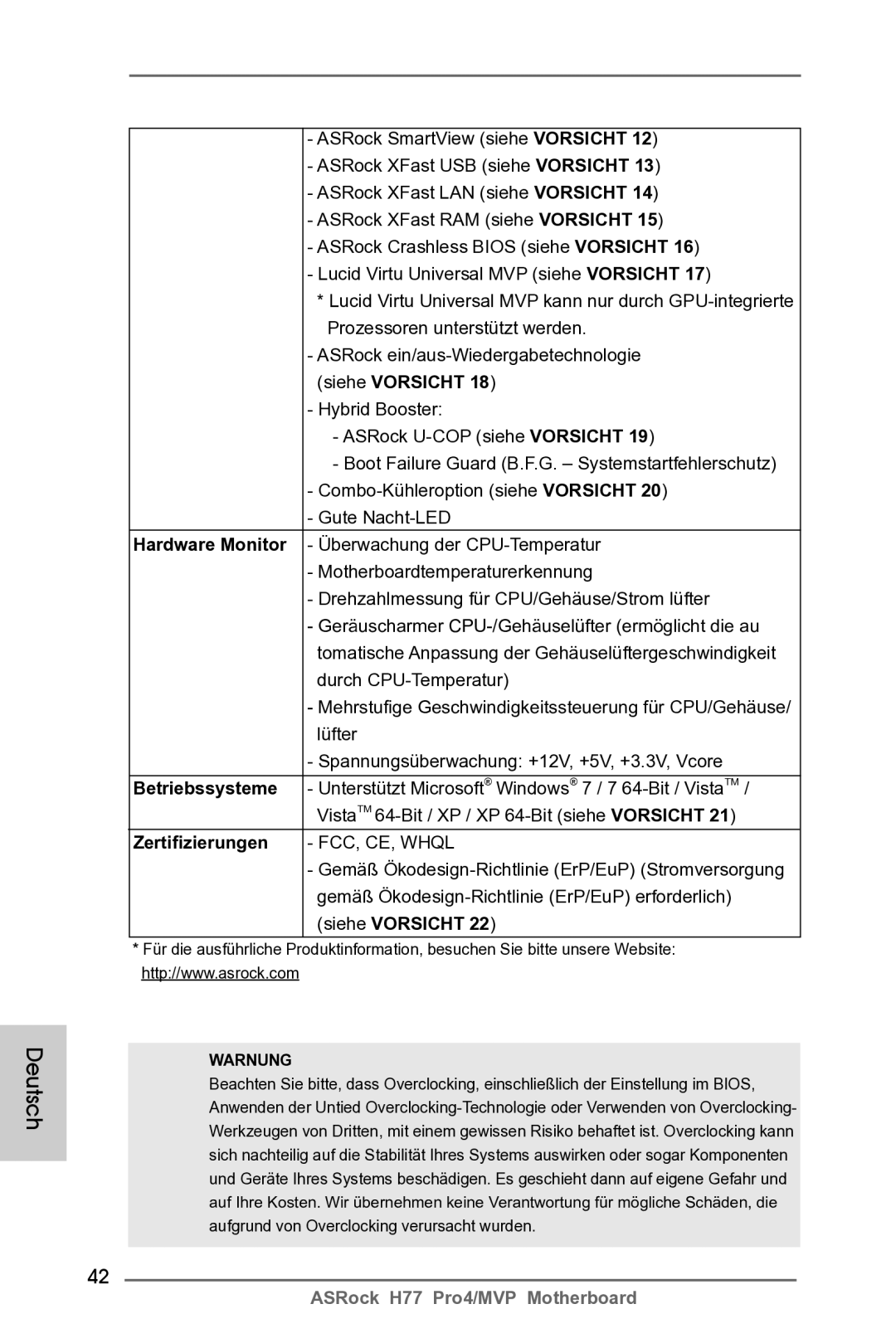 ASRock H77 Pro4/MVP manual Zertifizierungen, Warnung 