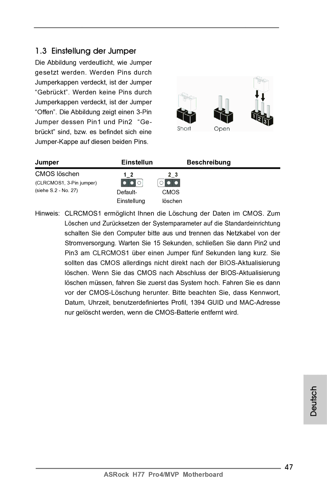 ASRock H77 Pro4/MVP manual Einstellung der Jumper, Jumper Einstellun Beschreibung, Cmos löschen 