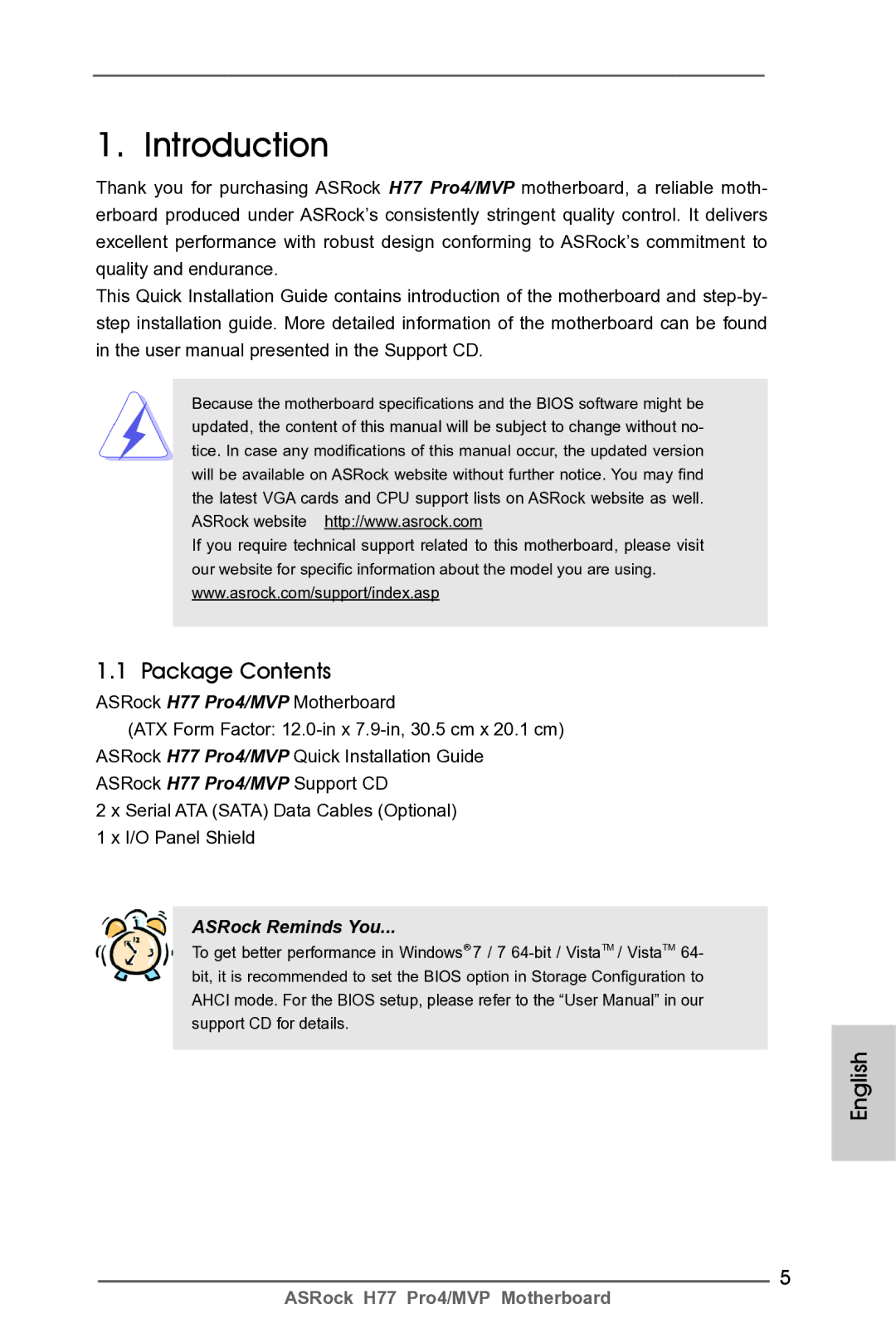 ASRock H77 Pro4/MVP manual Introduction, Package Contents 