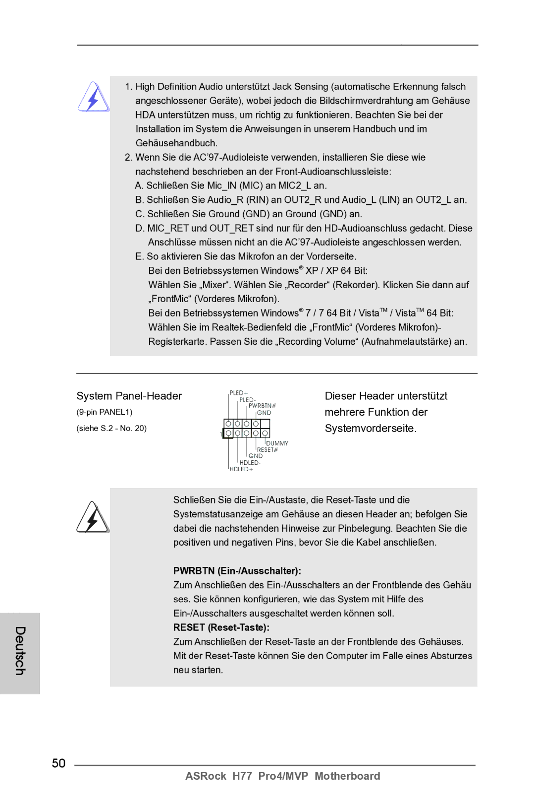 ASRock H77 Pro4/MVP manual System Panel-Header, Mehrere Funktion der, Systemvorderseite, Pwrbtn Ein-/Ausschalter 