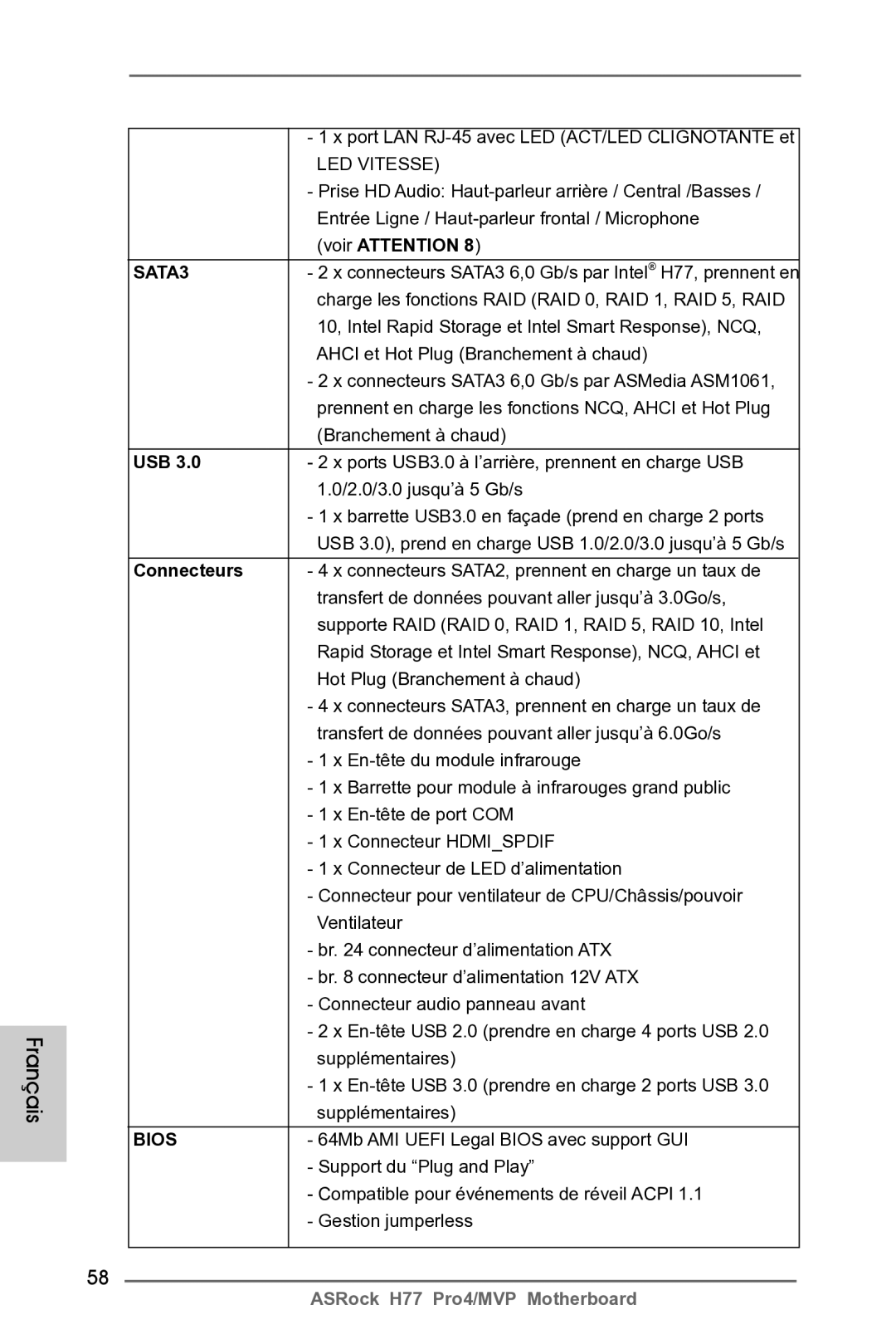 ASRock H77 Pro4/MVP manual Port LAN RJ-45 avec LED ACT/LED Clignotante et, Usb, Connecteurs 