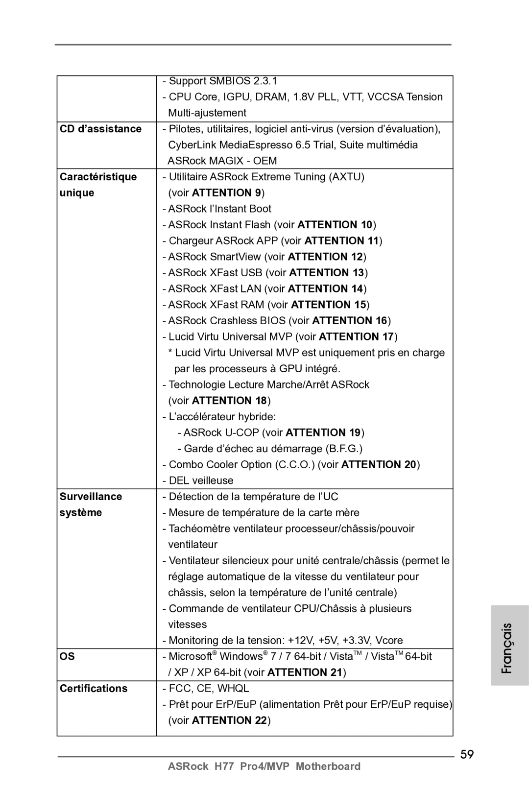 ASRock H77 Pro4/MVP manual Caractéristique, Unique Voir Attention, Surveillance, Système 