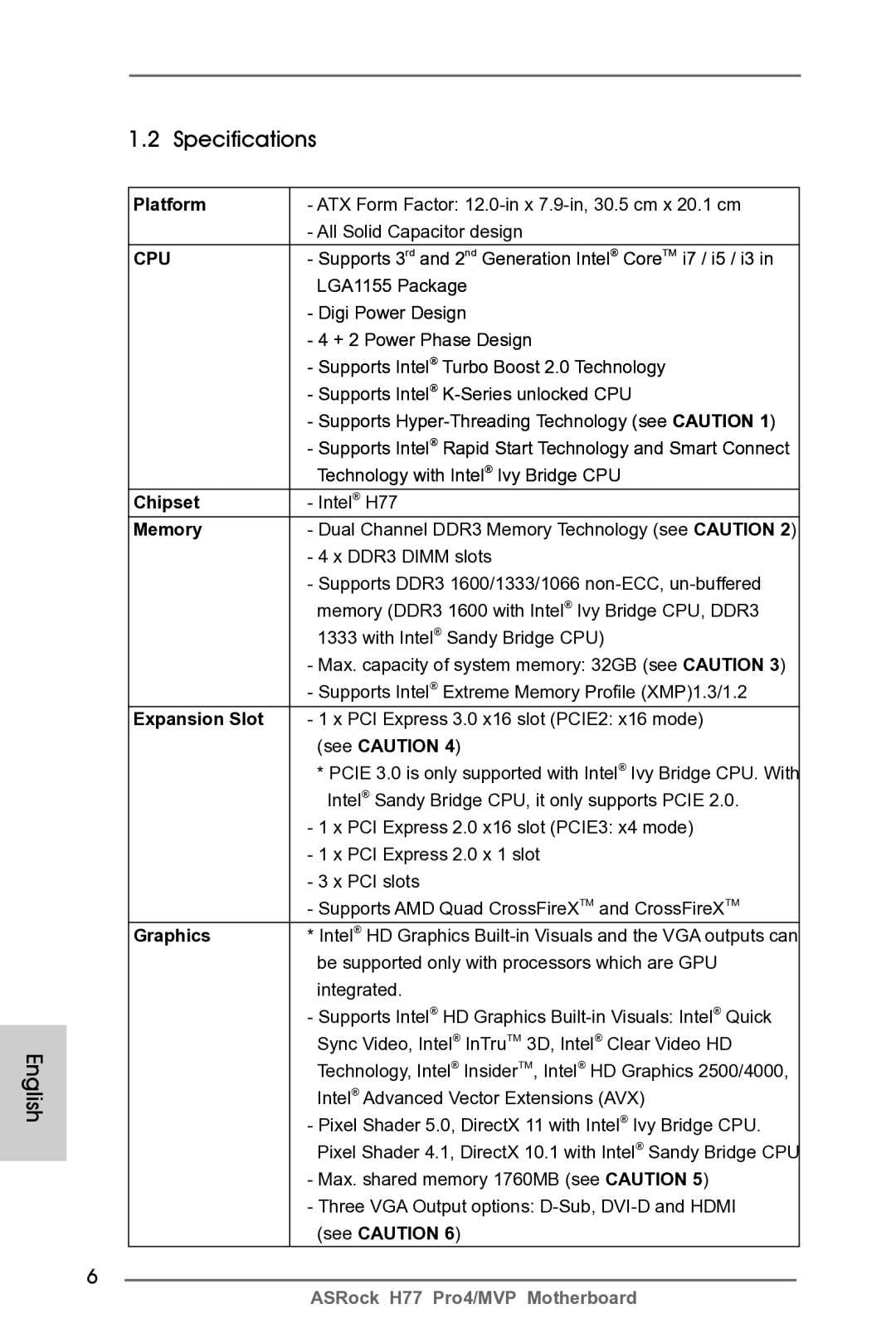 ASRock H77 Pro4/MVP manual English Specifications 