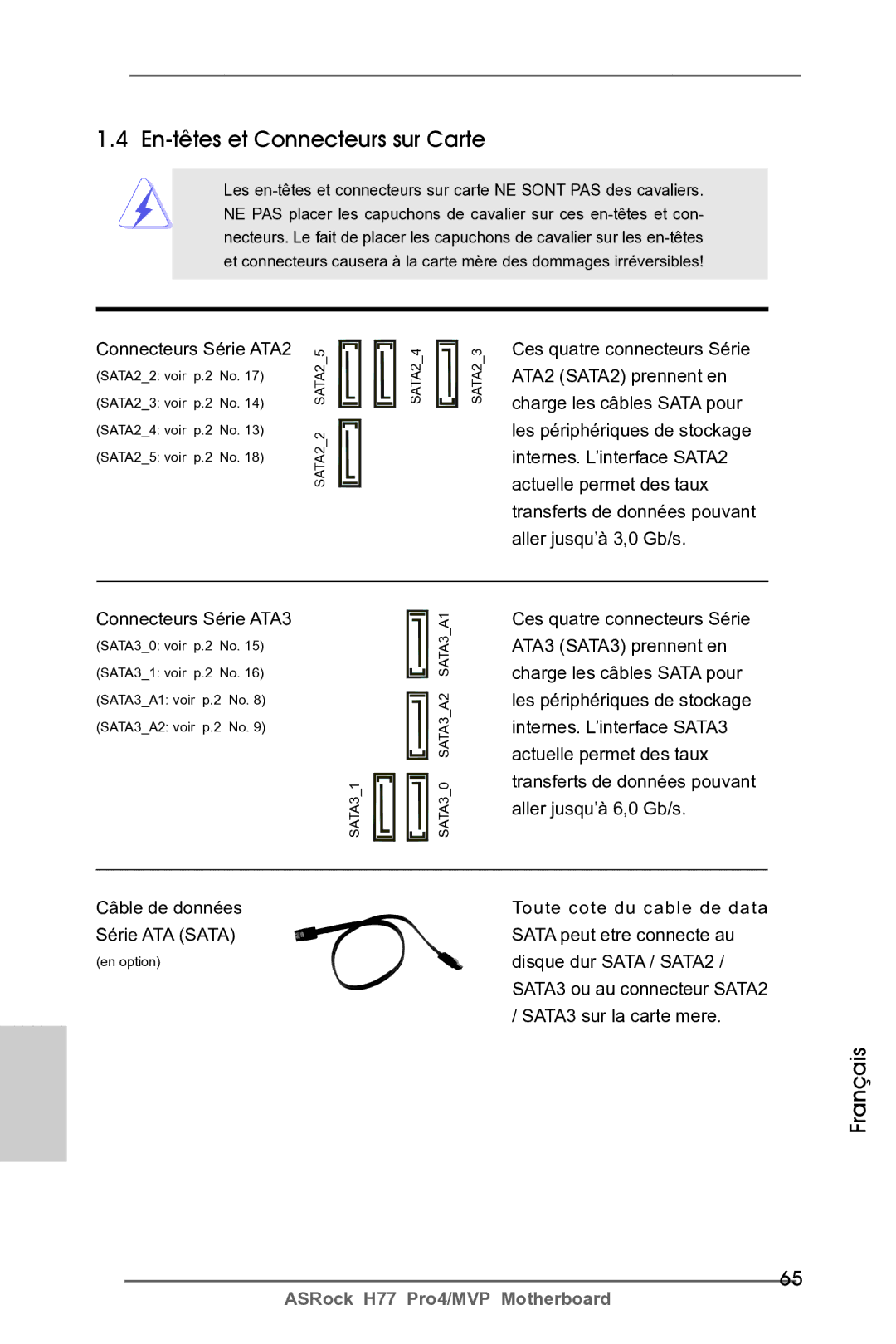 ASRock H77 Pro4/MVP manual En-têtes et Connecteurs sur Carte, Connecteurs Série ATA2 