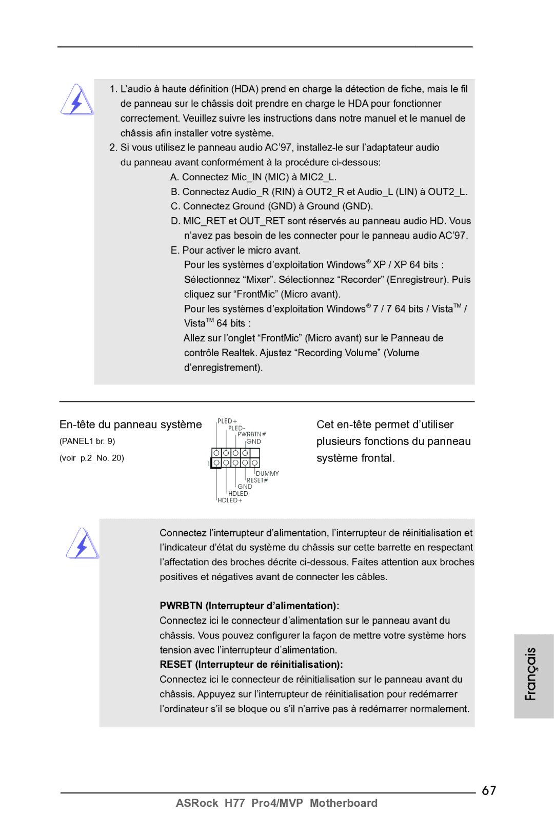 ASRock H77 Pro4/MVP manual En-tête du panneau système Cet en-tête permet d’utiliser, Système frontal 