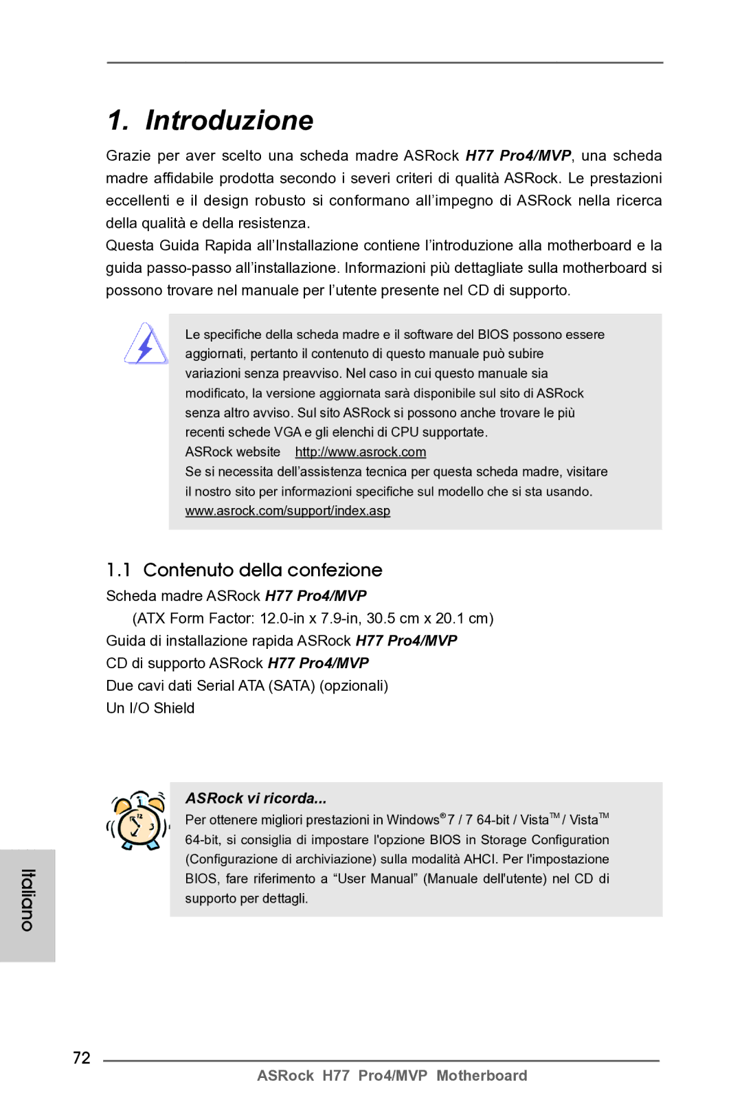 ASRock H77 Pro4/MVP manual Italiano, Contenuto della confezione 