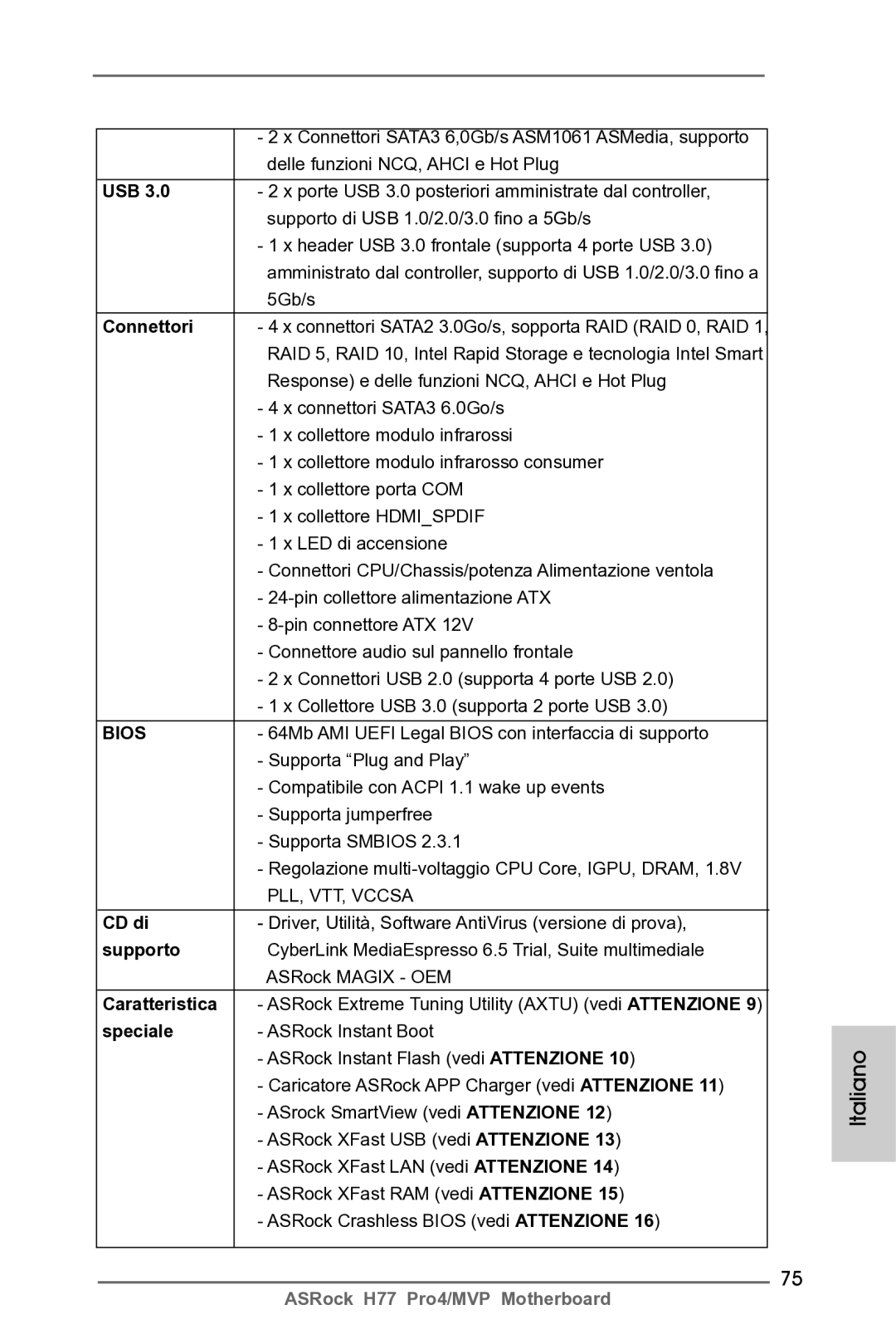 ASRock H77 Pro4/MVP manual Connettori, CD di, Supporto, Caratteristica, Speciale 