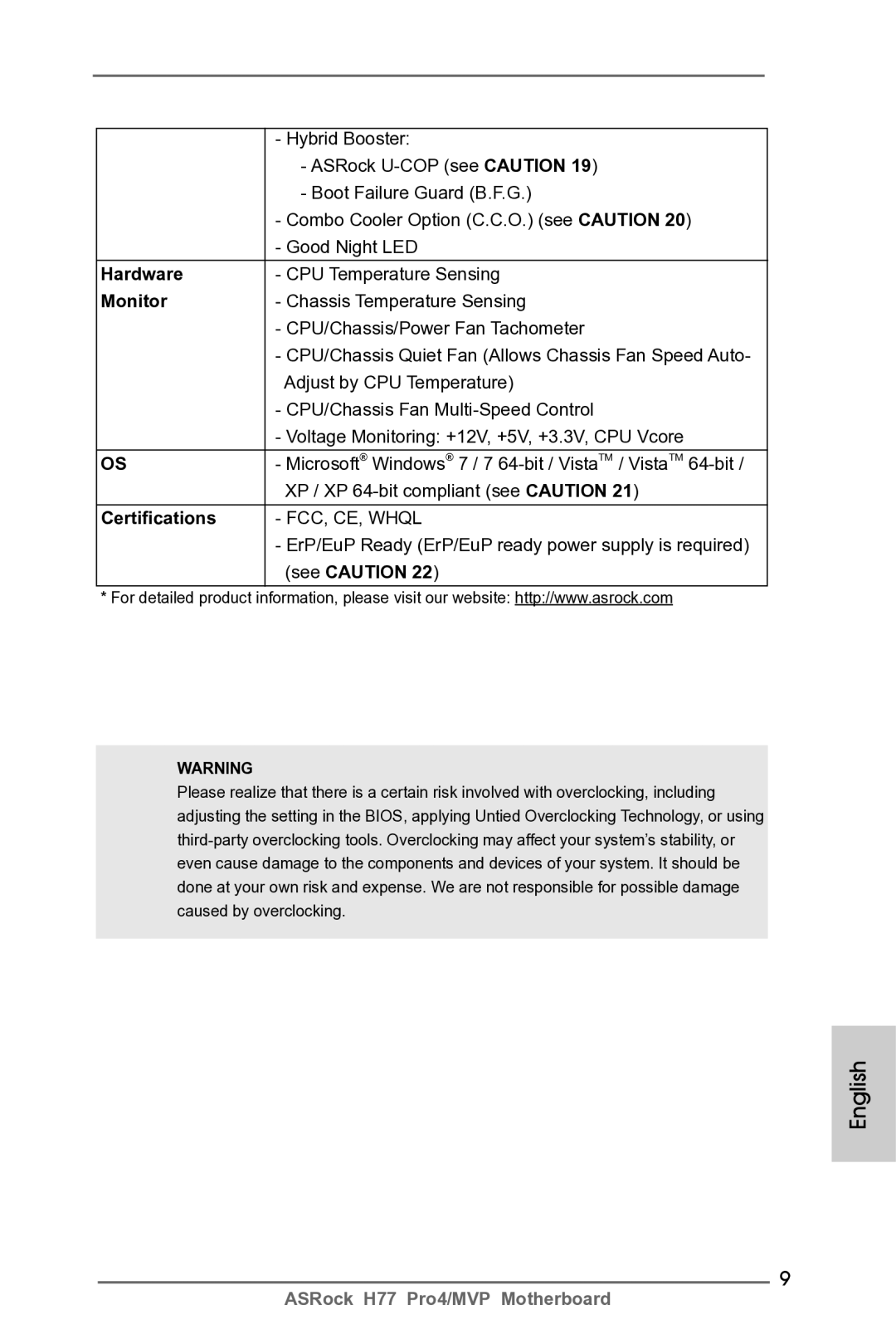 ASRock H77 Pro4/MVP manual Hardware, Monitor, Certifications 