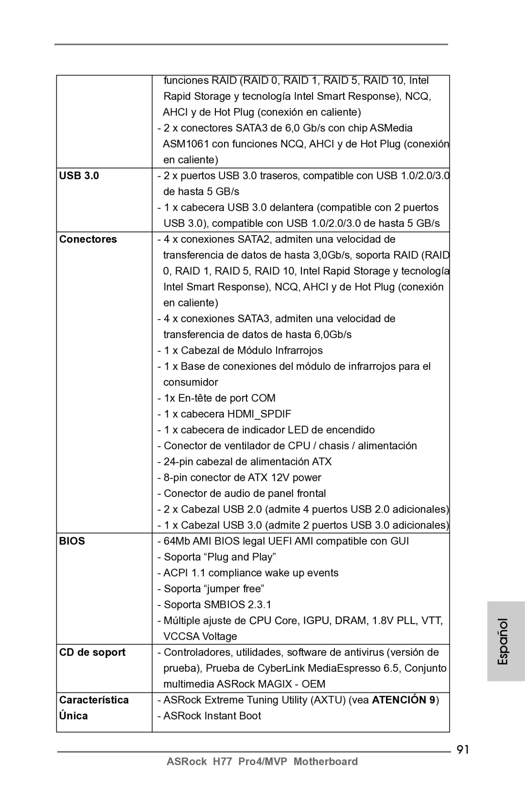 ASRock H77 Pro4/MVP manual Conectores, CD de soport, Característica, Única 