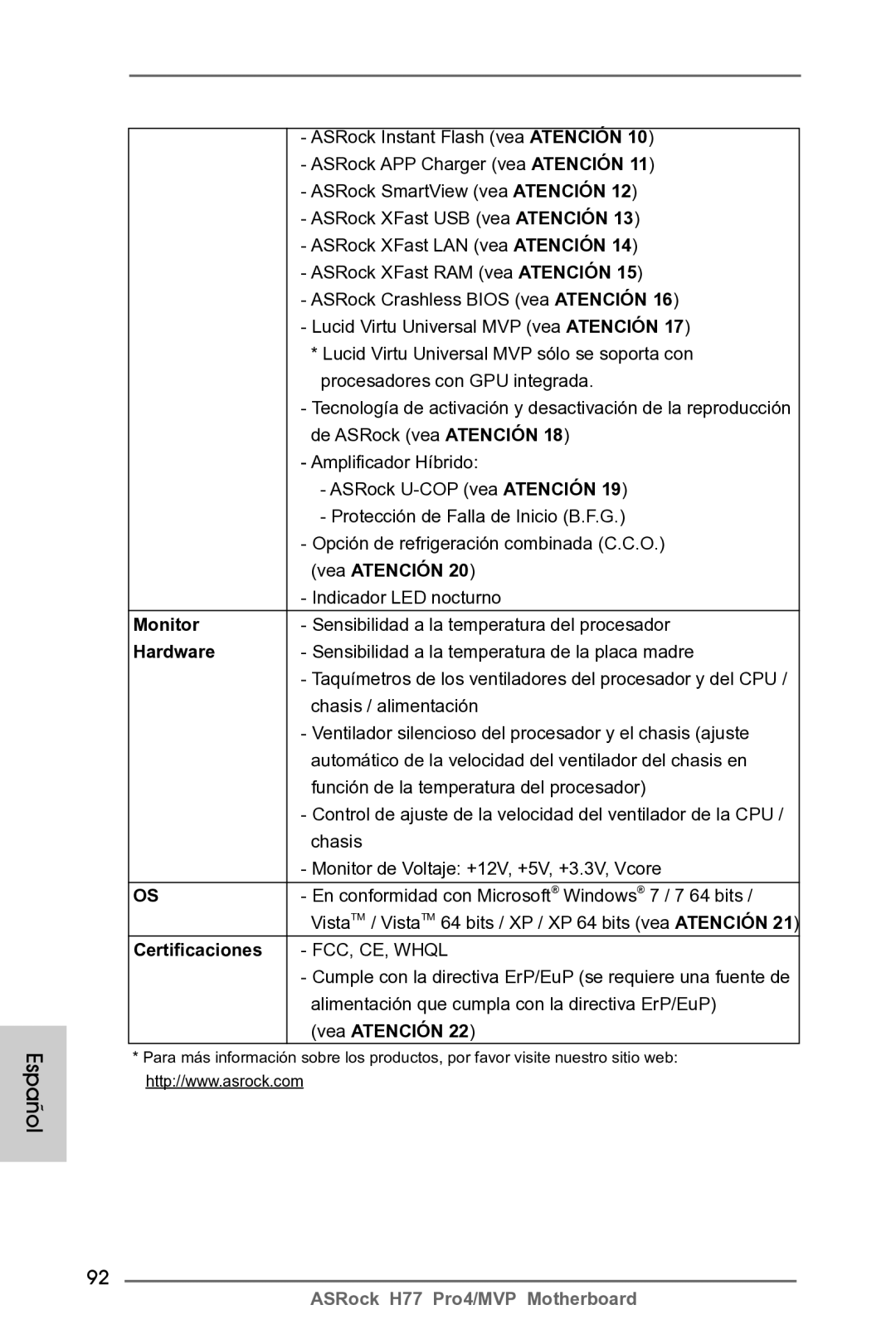 ASRock H77 Pro4/MVP manual Certificaciones 