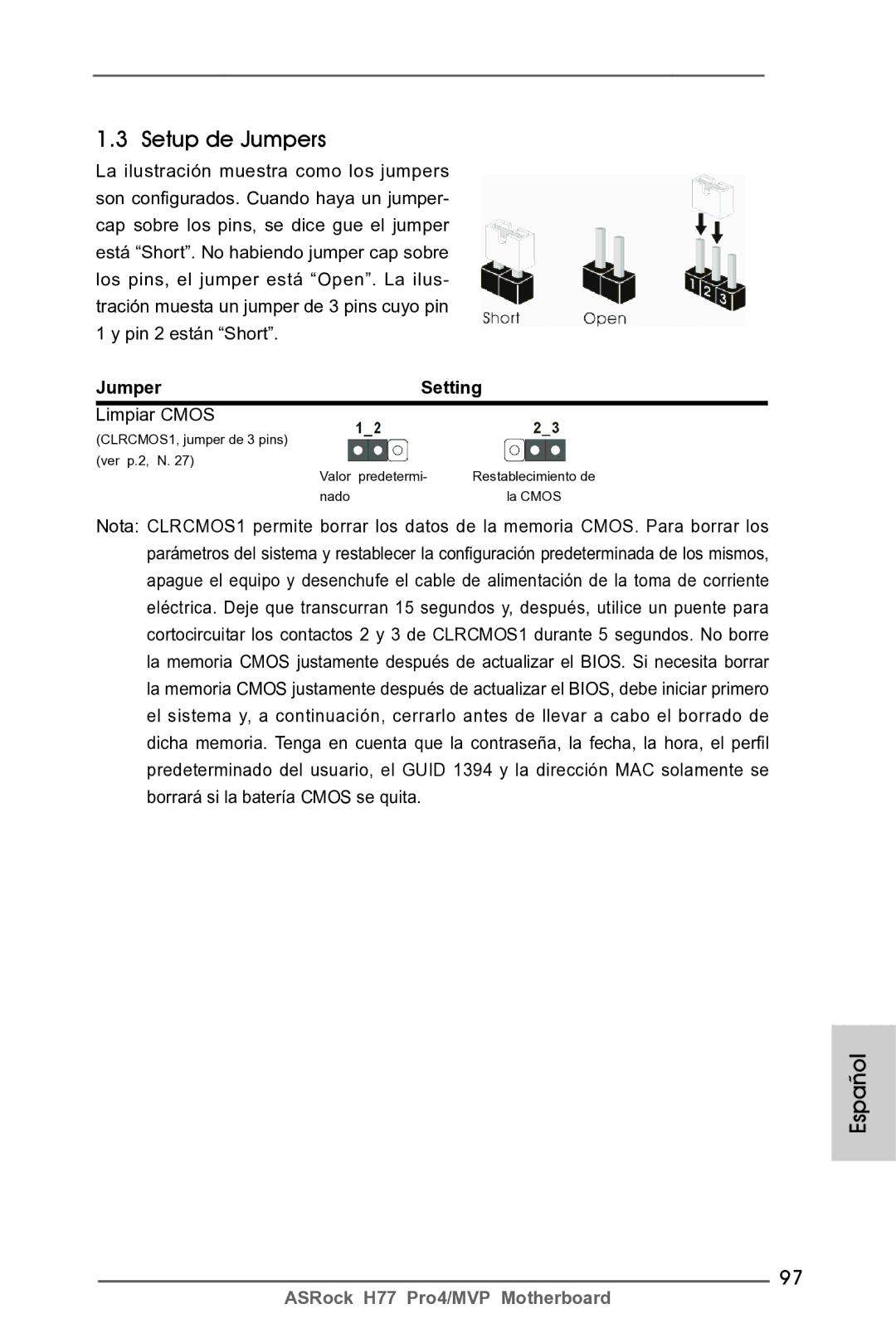 ASRock H77 Pro4/MVP manual Setup de Jumpers, Jumper Setting, Limpiar Cmos 