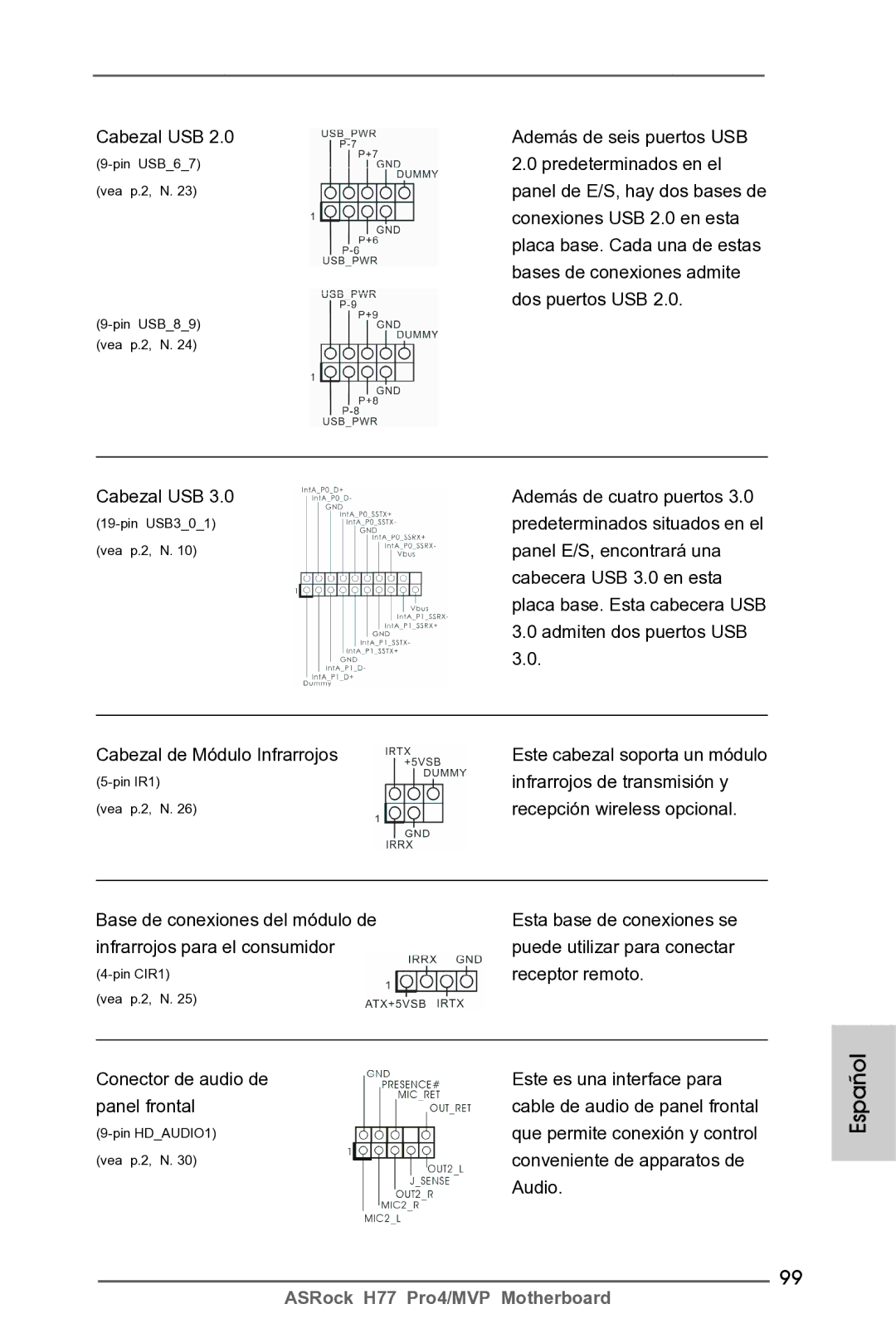 ASRock H77 Pro4/MVP manual Cabezal USB Además de seis puertos USB, Predeterminados en el, Conexiones USB 2.0 en esta, Audio 