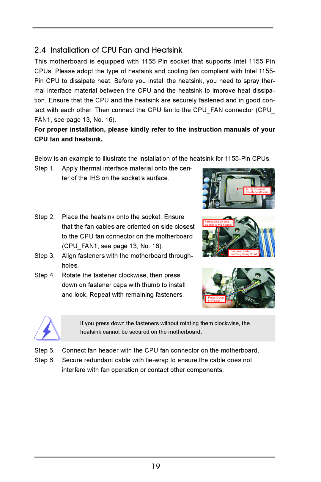 ASRock H77M-ITX manual Installation of CPU Fan and Heatsink 