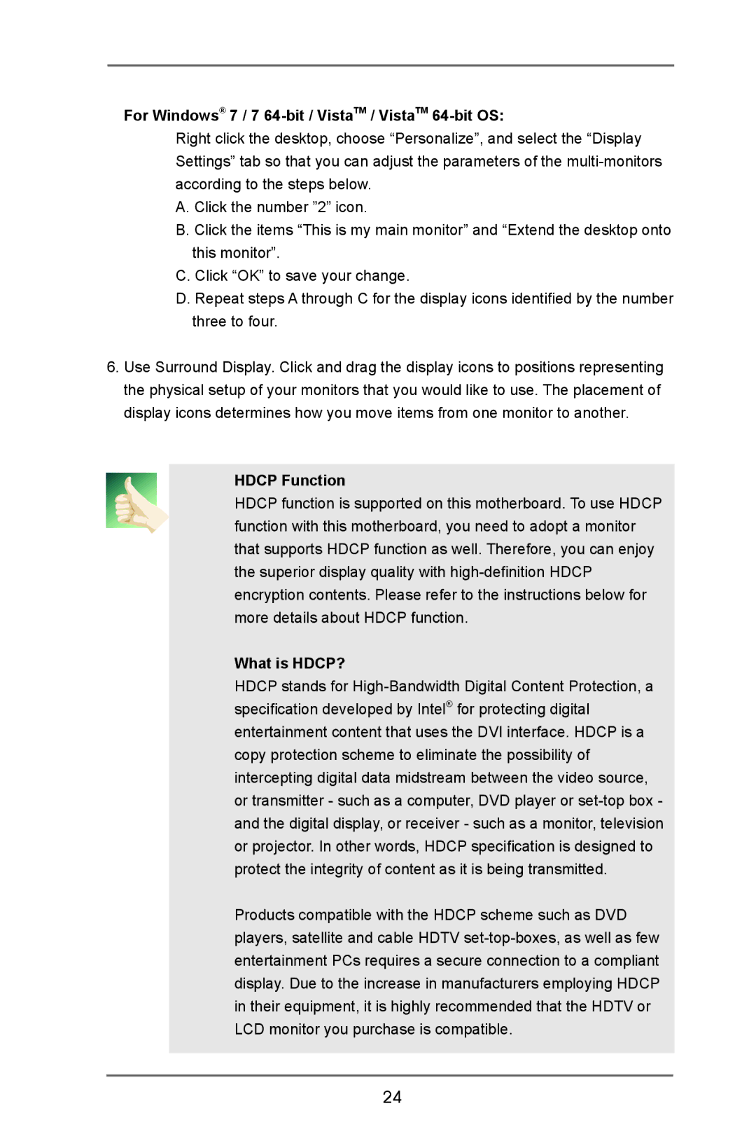 ASRock H77M-ITX manual For Windows 7 / 7 64-bit / VistaTM / VistaTM 64-bit OS, Hdcp Function, What is HDCP? 