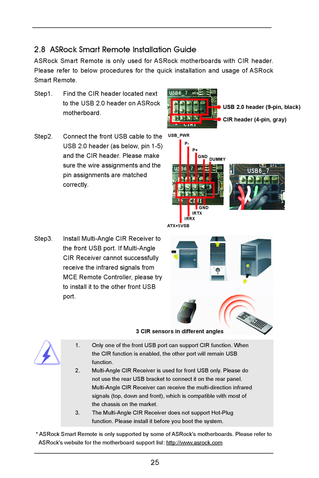 ASRock H77M-ITX manual ASRock Smart Remote Installation Guide, CIR sensors in different angles 