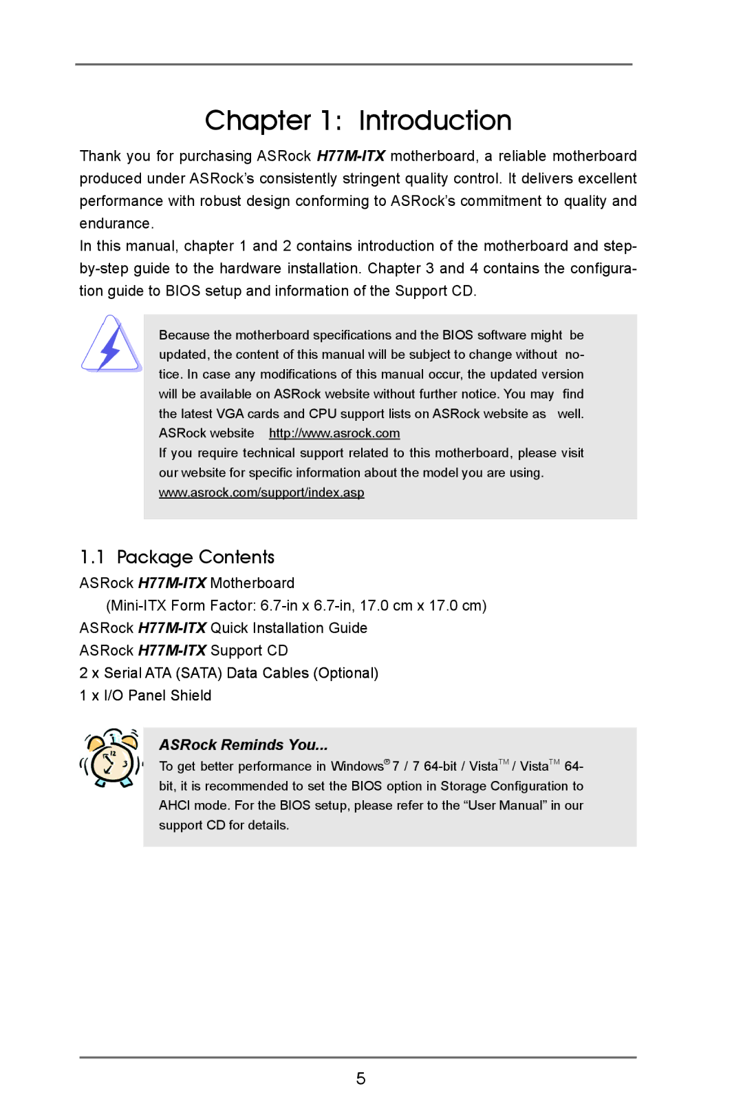 ASRock H77M-ITX manual Introduction, Package Contents 