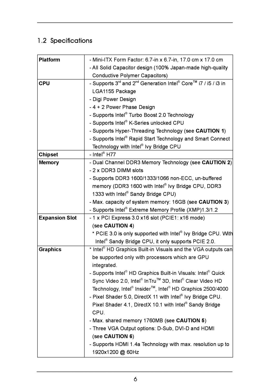 ASRock H77M-ITX manual Specifications 