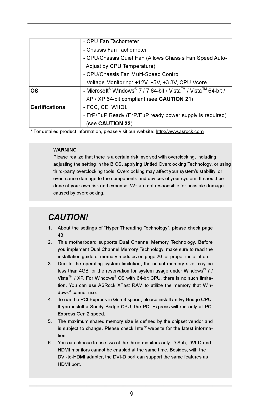 ASRock H77M-ITX manual Certifications 