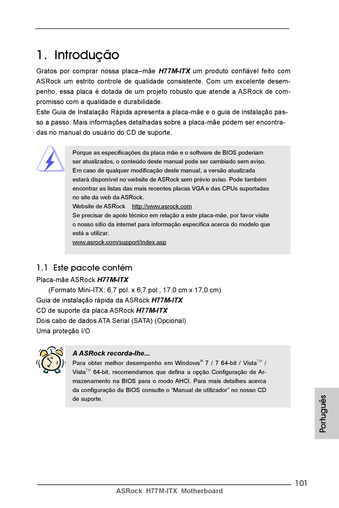 ASRock H77M-ITX manual Introdução, Este pacote contém, Português, 101 