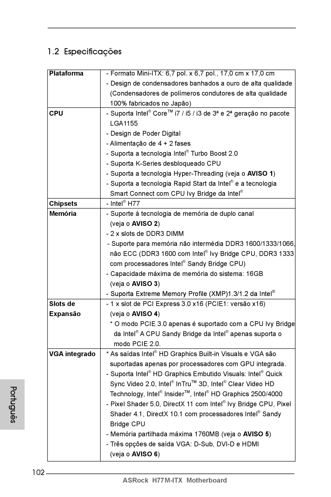 ASRock H77M-ITX manual Português Especificações, 102 