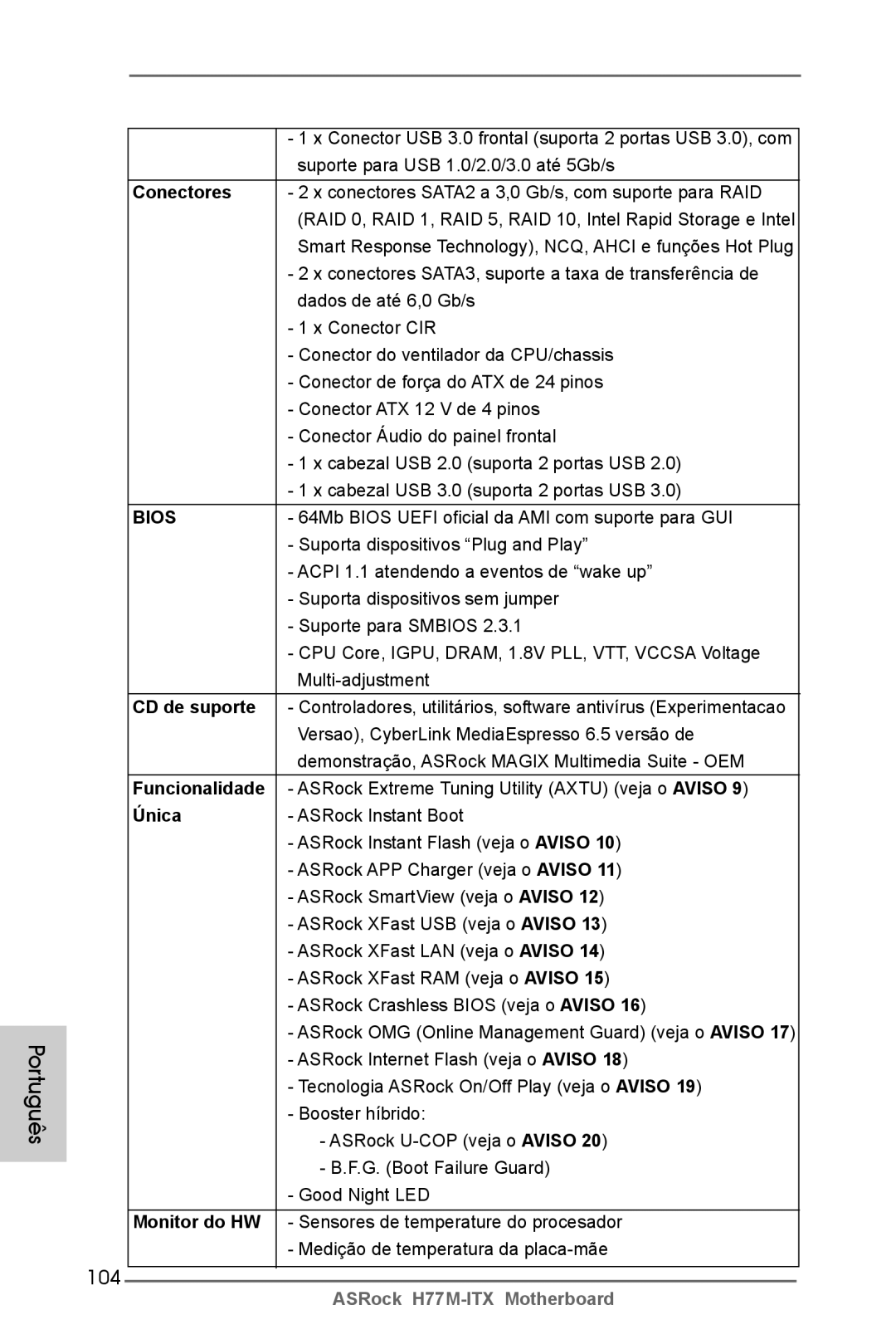 ASRock H77M-ITX manual 104, CD de suporte, Funcionalidade, Monitor do HW 