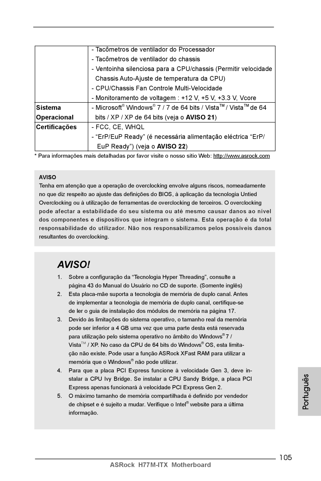 ASRock H77M-ITX manual 105, Sistema, Operacional, Certificações 