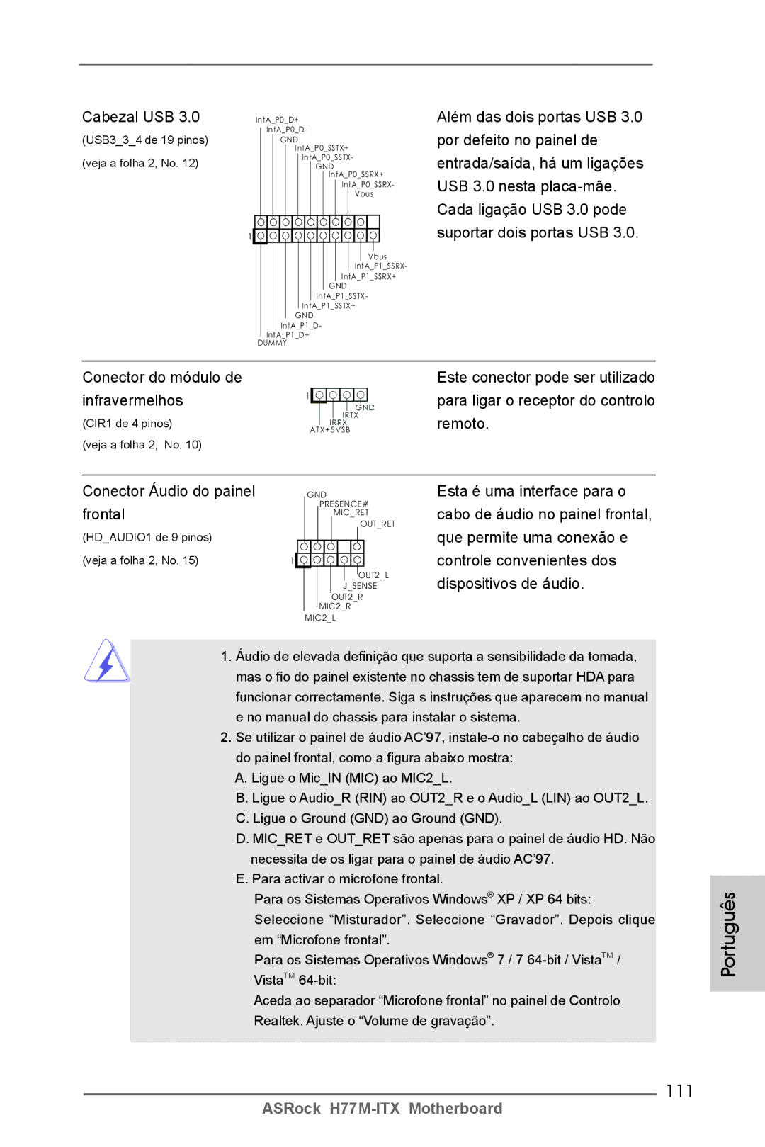 ASRock H77M-ITX manual 111, Infravermelhos, Remoto, Conector Áudio do painel, Frontal 