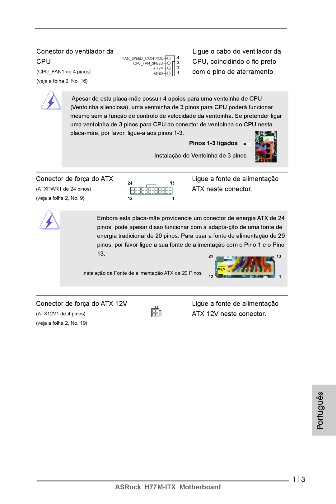 ASRock H77M-ITX manual 113, Conector de força do ATX 