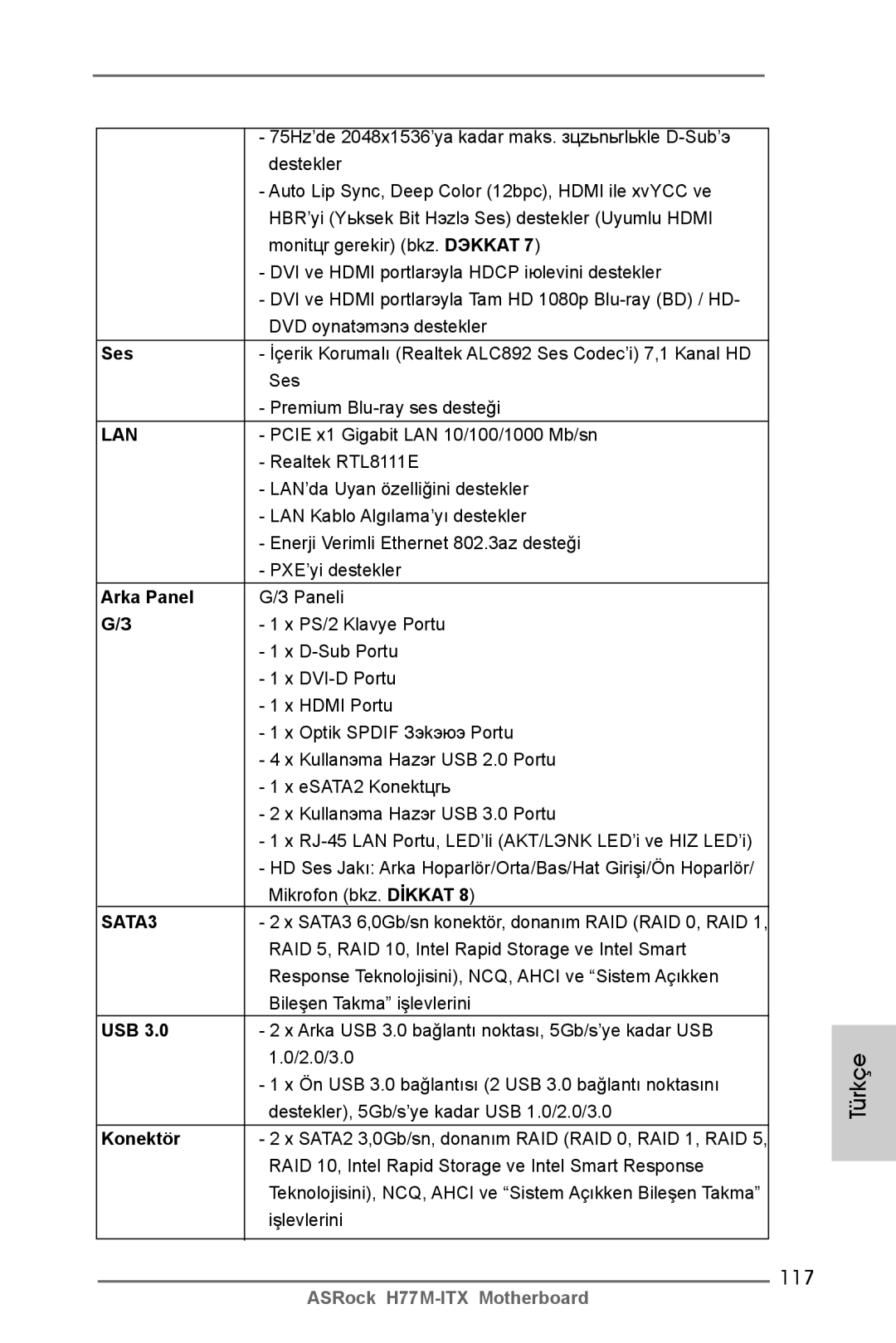 ASRock H77M-ITX manual 117, Ses, Arka Panel, Konektör 