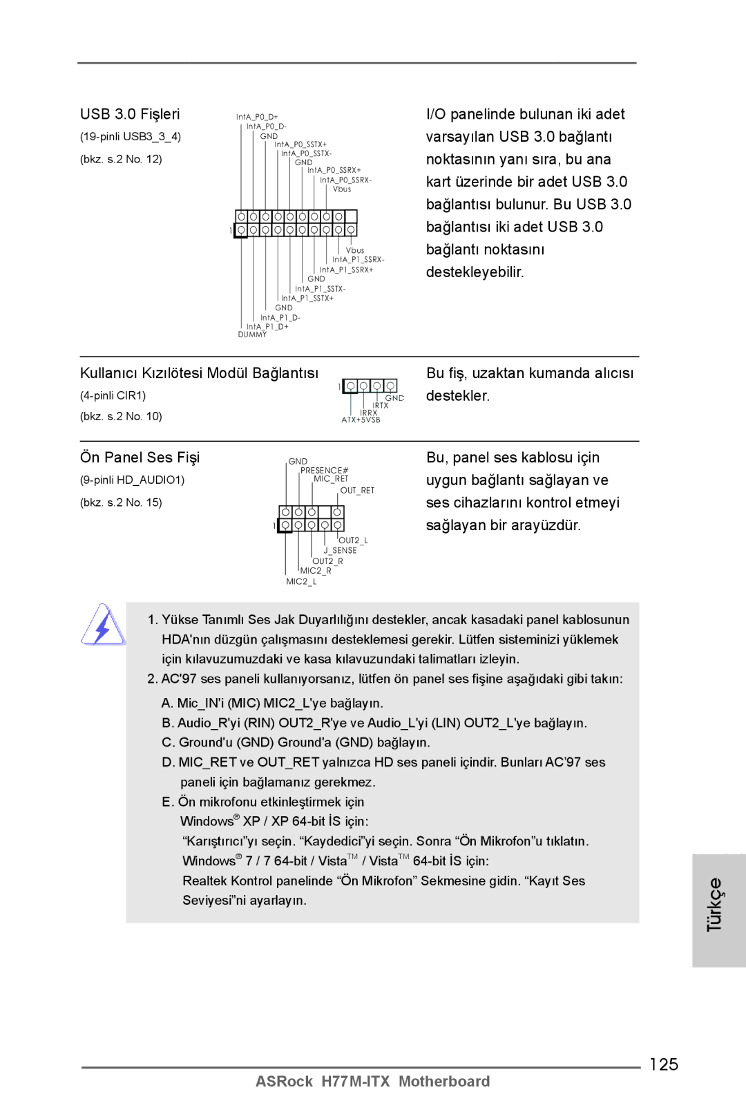 ASRock H77M-ITX manual 125, USB 3.0 Fişleri, Ön Panel Ses Fişi 