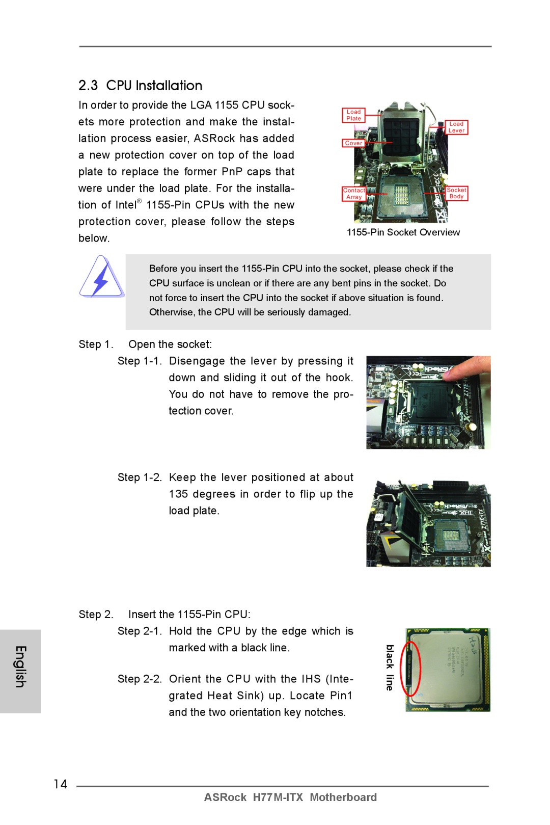 ASRock H77M-ITX manual CPU Installation, Step Orient the CPU with the IHS Inte, Grated Heat Sink up. Locate Pin1 