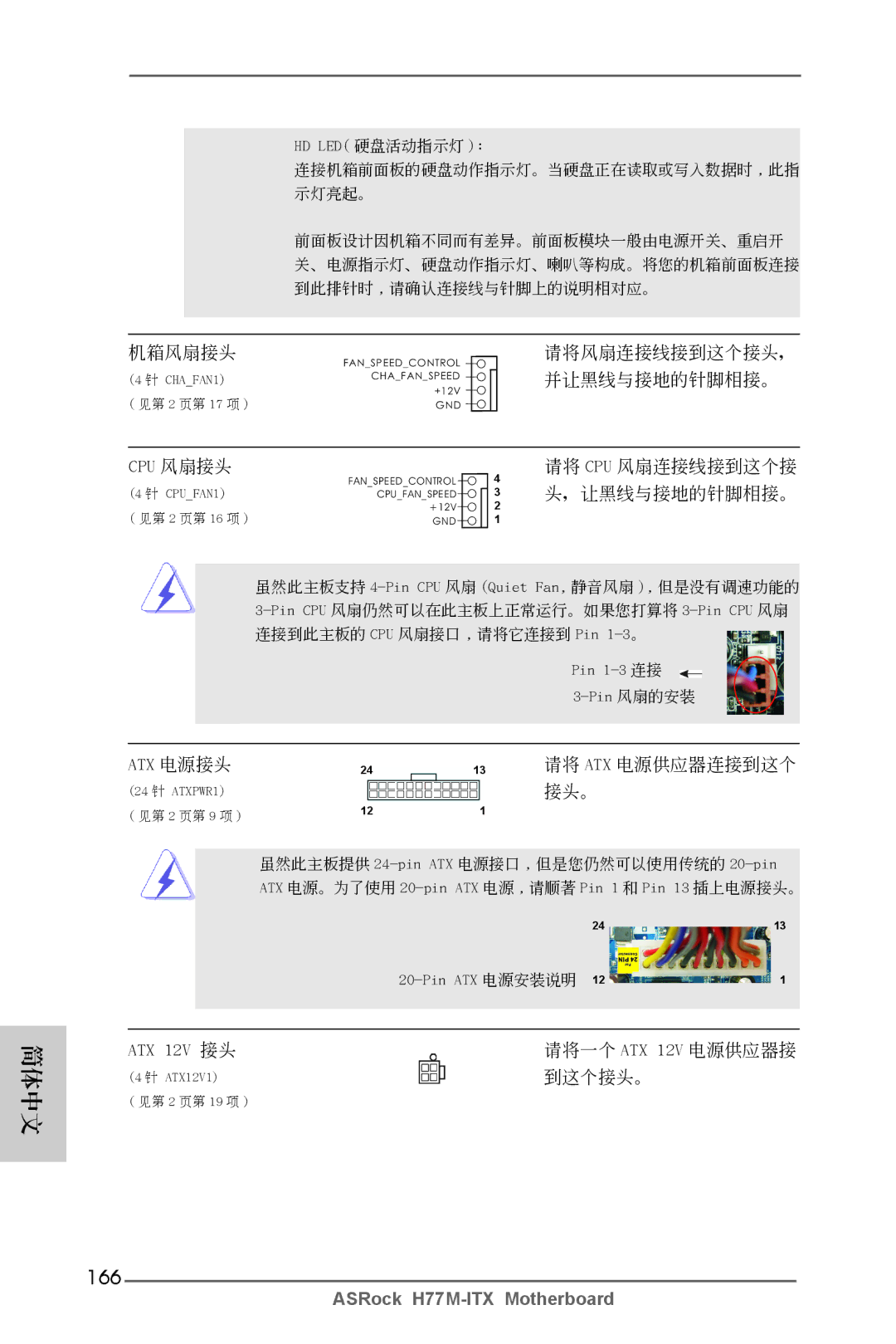 ASRock H77M-ITX manual 166, Cpu 風扇接頭, Atx 電源接頭, ATX 12V 接頭 