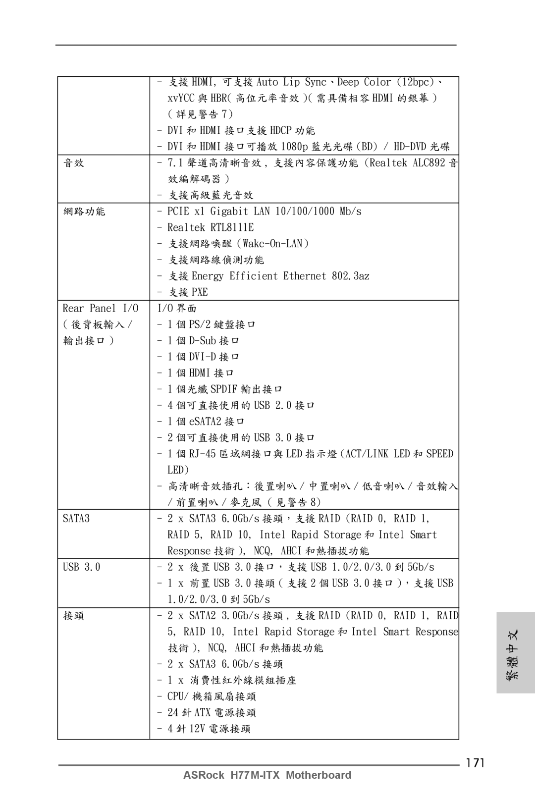 ASRock H77M-ITX manual 171, 支援 HDMI, 可支援 Auto Lip Sync、Deep Color 12bpc、, DVI 和 Hdmi 接口支援 Hdcp 功能, SATA3 6.0Gb/s 接頭 