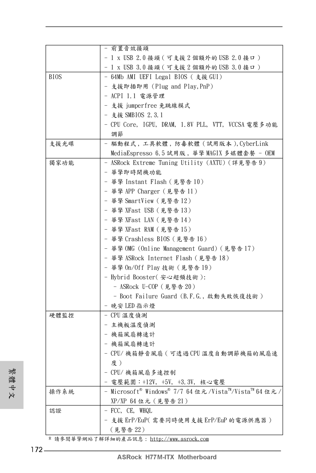 ASRock H77M-ITX manual 172, Internet Flash（見警告 18） 華擎 On/Off, Microsoft Windows 7/7 64 位元 /VistaTM/VistaTM 64 位元 