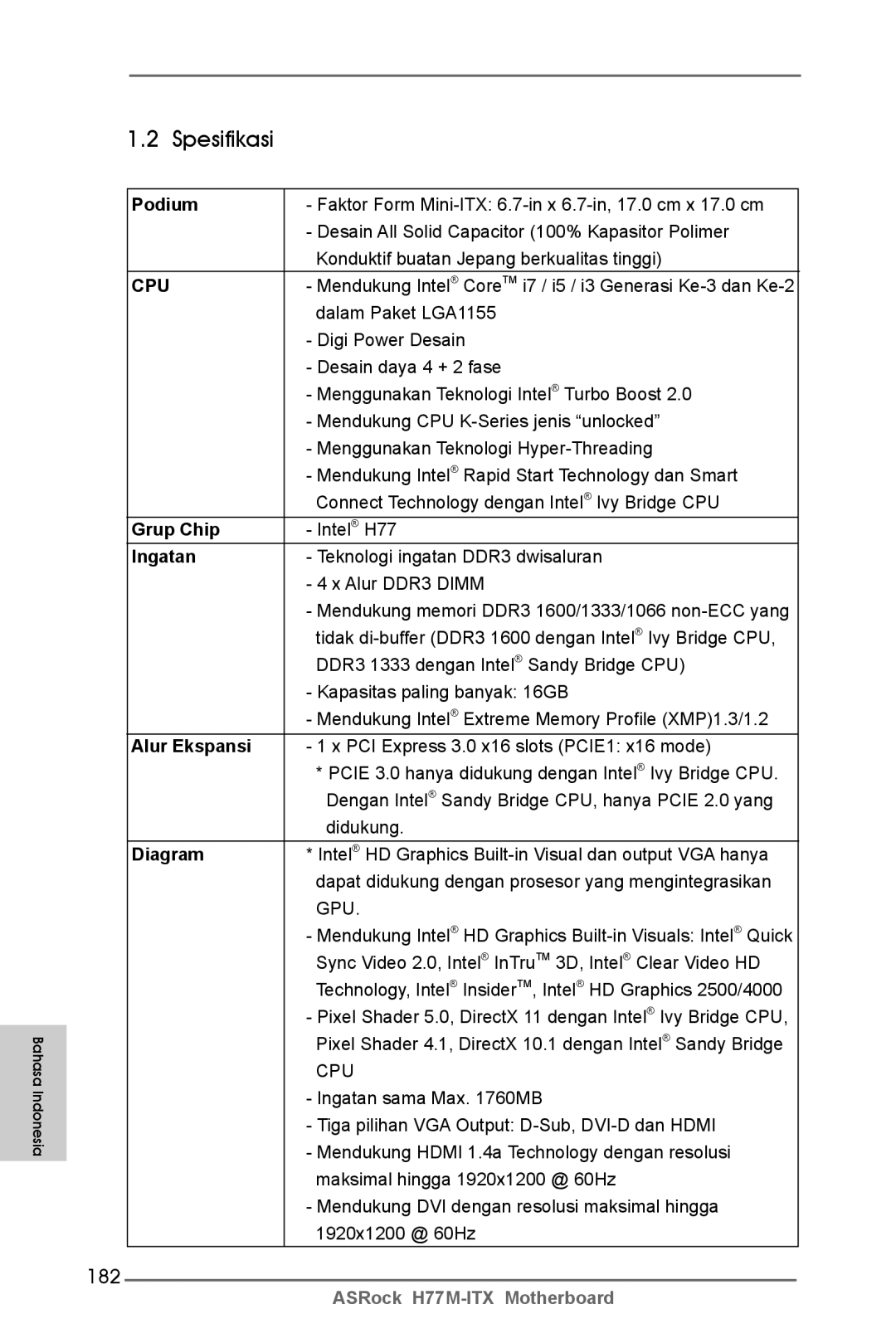 ASRock H77M-ITX manual Spesifikasi, 182 