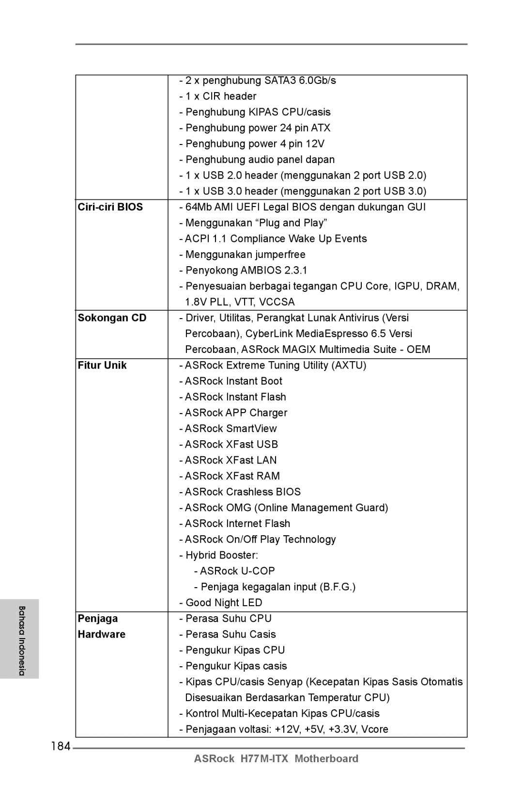 ASRock H77M-ITX manual 184, Ciri-ciri Bios, Sokongan CD, Fitur Unik, Penjaga 