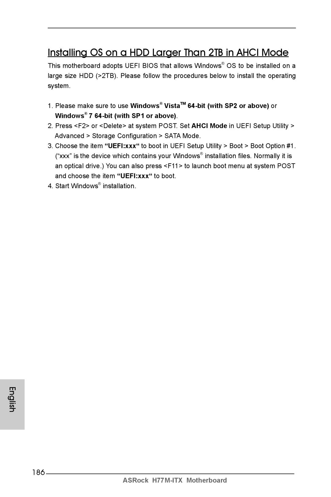 ASRock H77M-ITX manual Installing OS on a HDD Larger Than 2TB in Ahci Mode, 186 