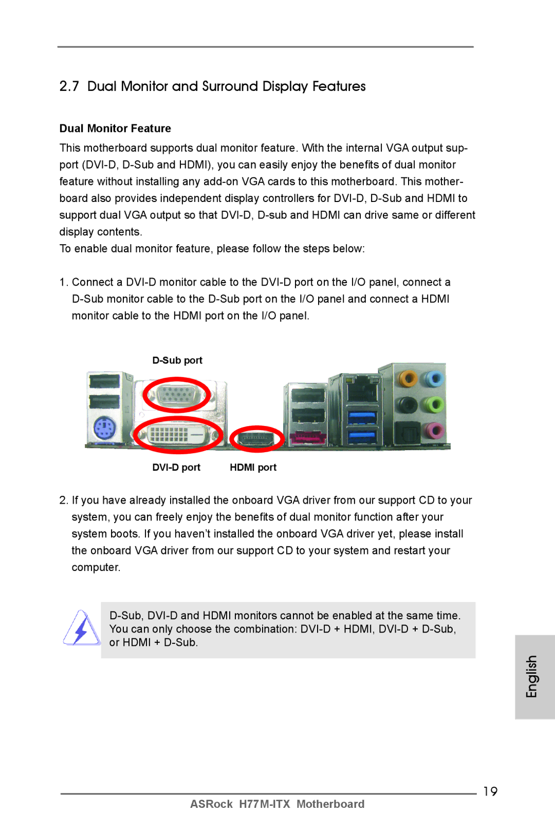 ASRock H77M-ITX manual Dual Monitor and Surround Display Features, Dual Monitor Feature, Sub port DVI-D port 