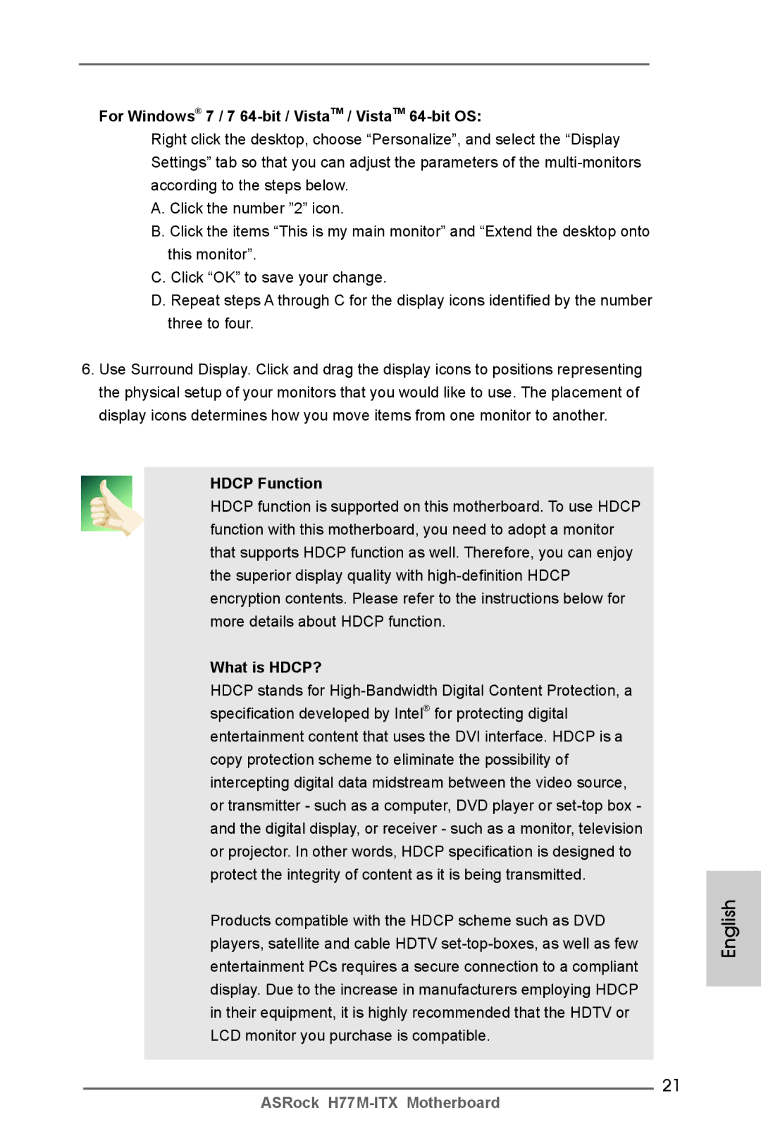 ASRock H77M-ITX manual For Windows 7 / 7 64-bit / VistaTM / VistaTM 64-bit OS, Hdcp Function, What is HDCP? 