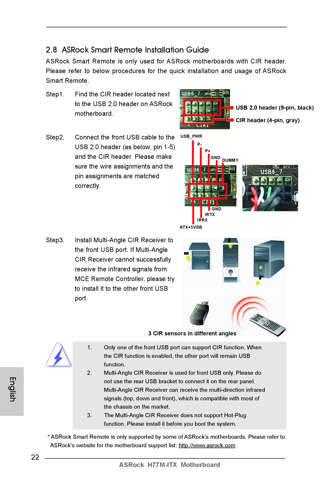 ASRock H77M-ITX manual ASRock Smart Remote Installation Guide, CIR sensors in different angles 