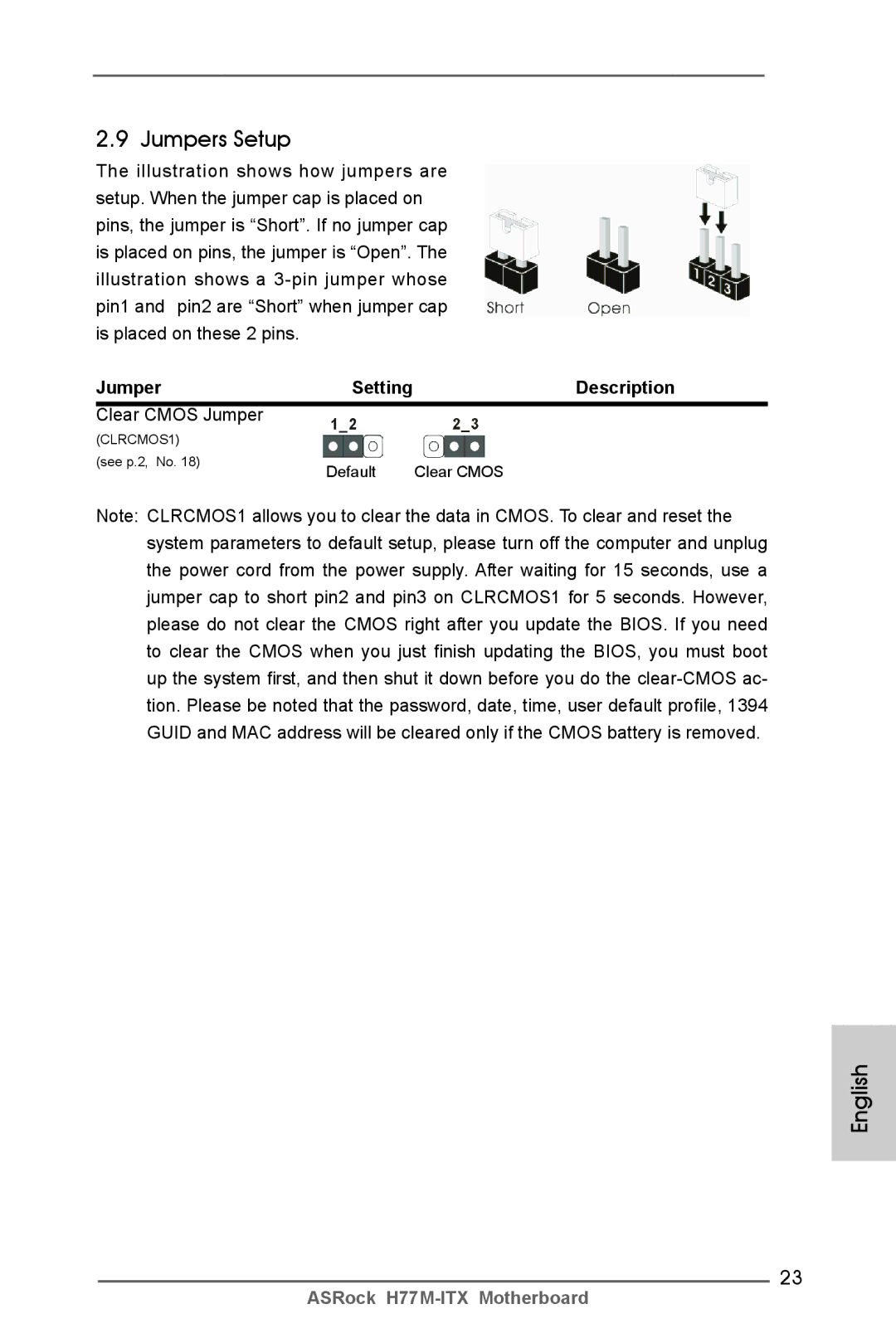 ASRock H77M-ITX manual Jumpers Setup, Description, Clear Cmos Jumper 