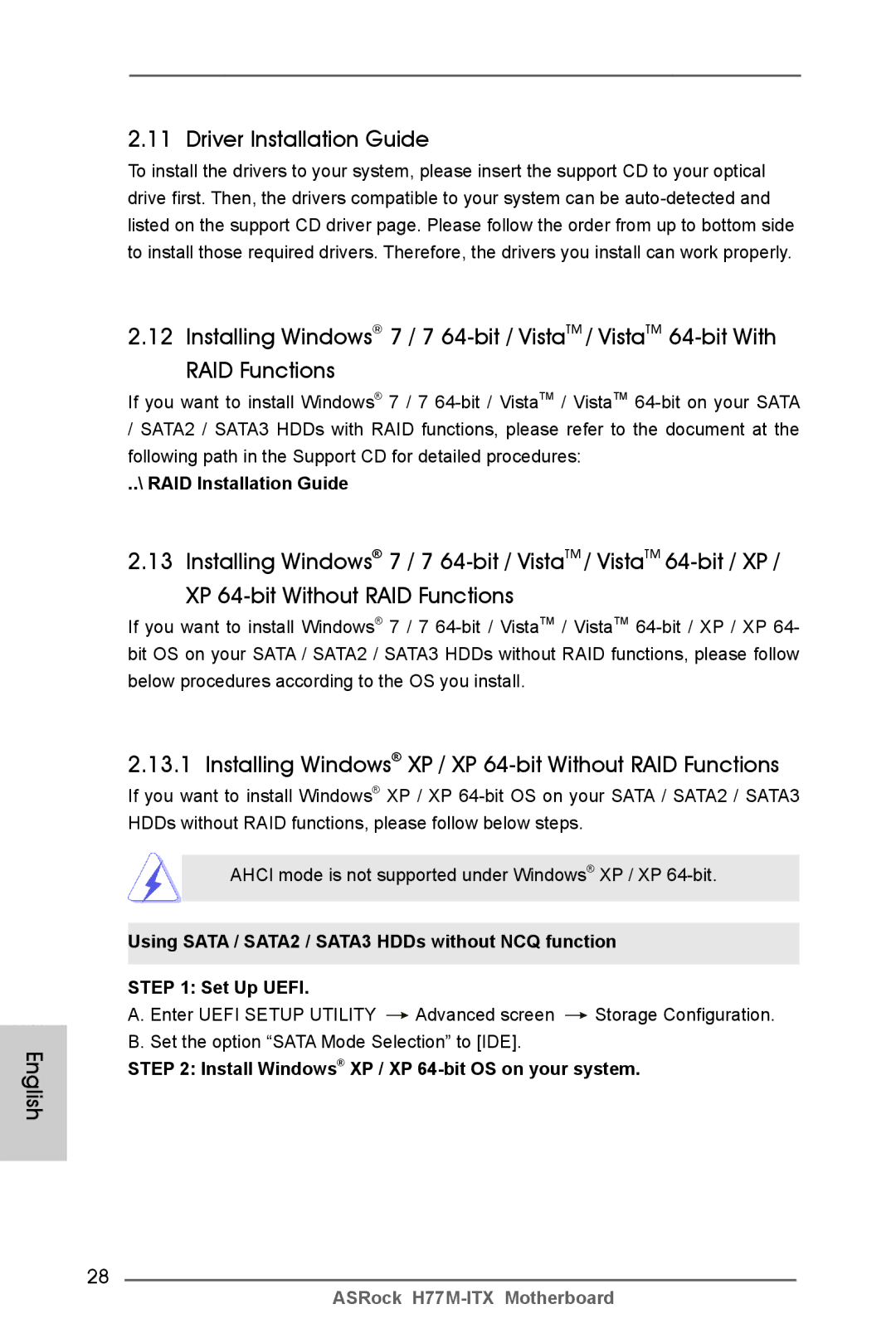 ASRock H77M-ITX manual English Driver Installation Guide, Installing Windows XP / XP 64-bit Without RAID Functions 