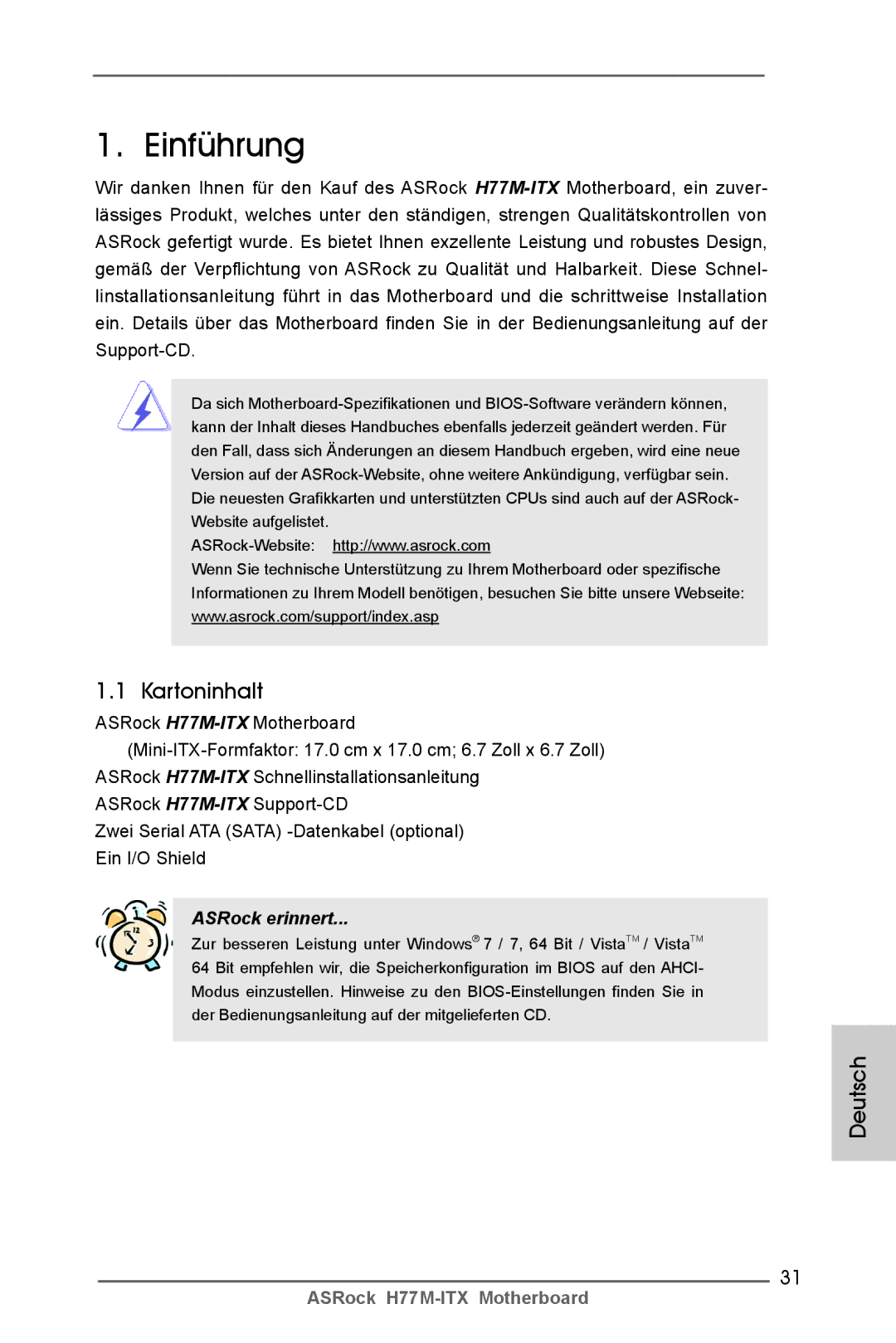 ASRock H77M-ITX manual Einführung, Kartoninhalt, Deutsch 